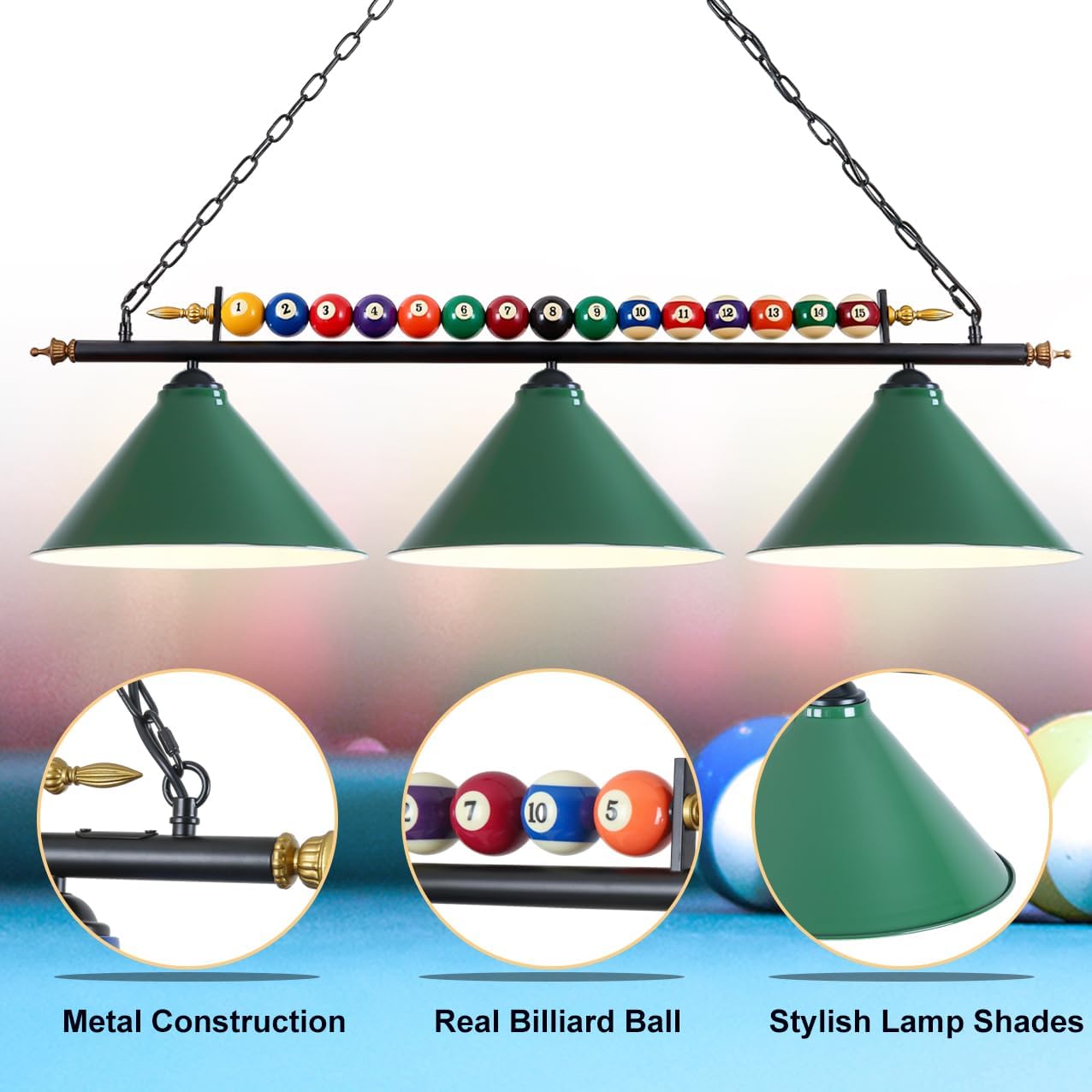 47" Pool Table Light, Pool Table Lights Lighting Fixture for 7' 8' Pool Table ,Pool Table Lights Hanging Over Pool Table,Real Billiard Ball with 3 Metal Lamp Shades for Game Room Pool Table Billiards