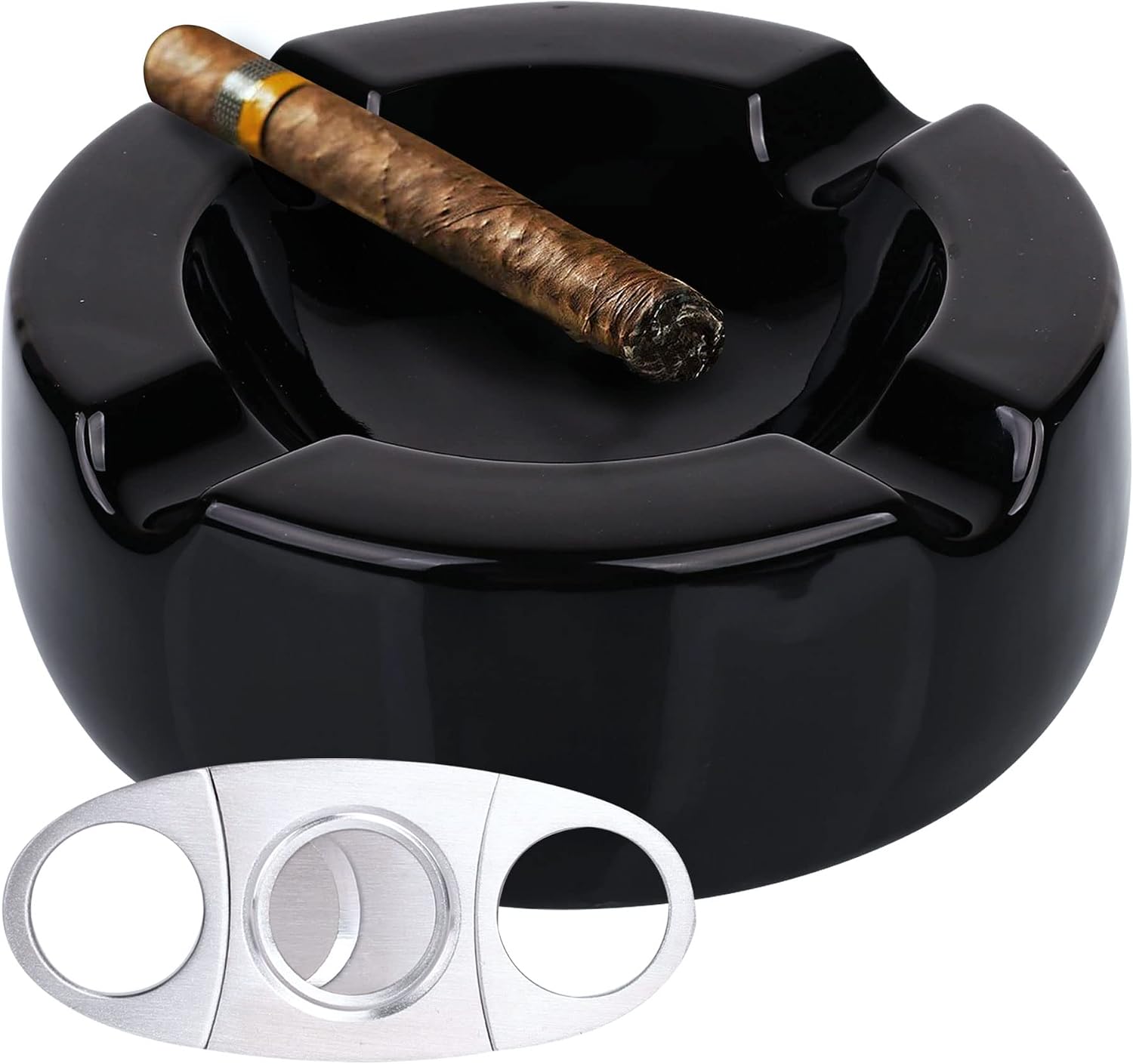 Large Ceramic Cigar Ashtray - 8.5 Inch Black Glossy for Indoor, Outdoor, Patio, Home, Office Use - Accessories Ash Tray Luxury Gift Set for Men and Women