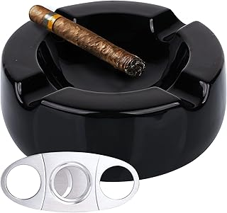 Cigar Ashtray Outdoors Ash Tray – Round 8.5 inch Ceramic Ashtrays Bundled with Cigar Cutter Stainless Steel – Black Glossy Cigar Rest for Indoor, Outdoor, Patio, Home, Office Use – Cigar Gifts