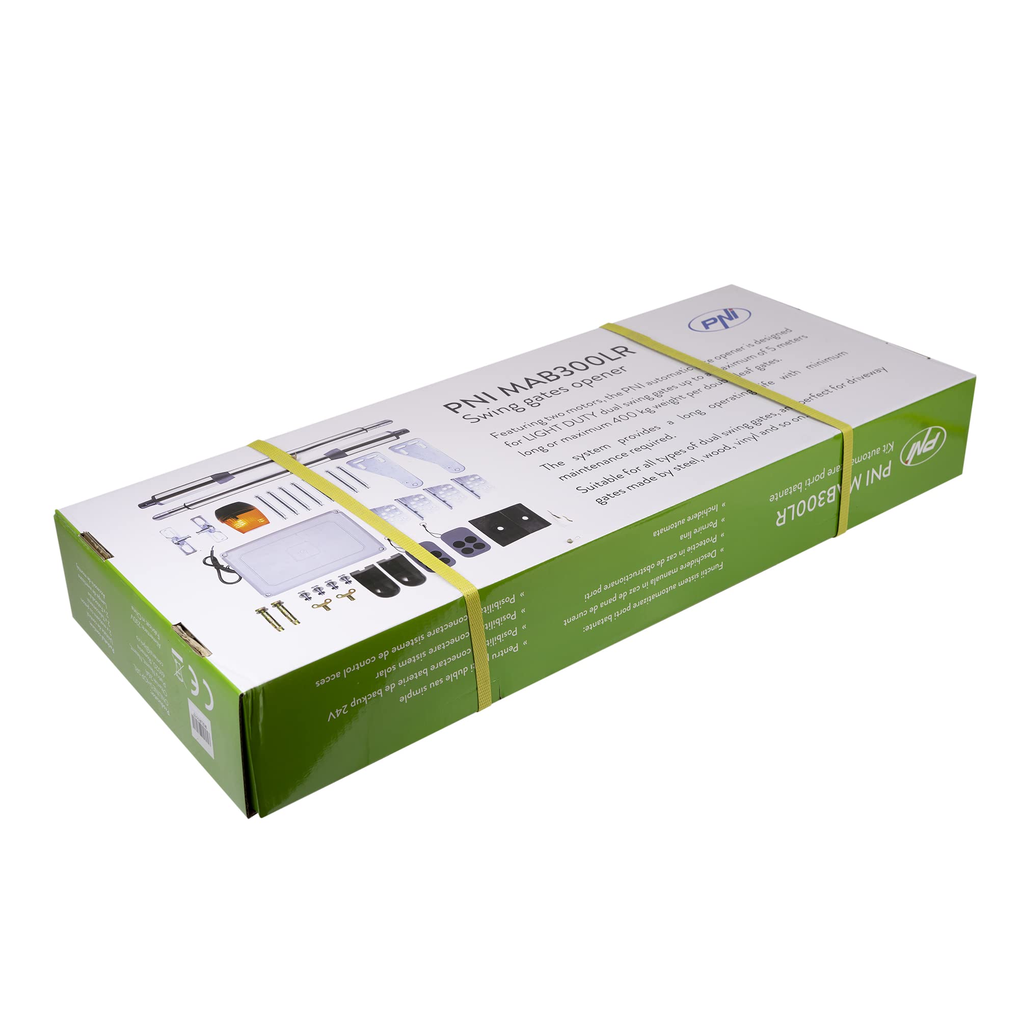Kit automazione cancello battente PNI MAB300LR, con 2 motori 40W, telecomandi e pannello comandi, fotocellule e lampada, lunghezza cancello 2 x 2,5m max, peso cancello 200Kg