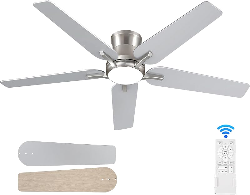 POCHFAN 52 Inch Ceiling Fans with Lights and Remote, Brushed Nickel Flush Mount Low Profile Ceiling Fan for Bedroom, Living Room, Patio, Dimmable 6 Speeds Noiseless, ETL Listed