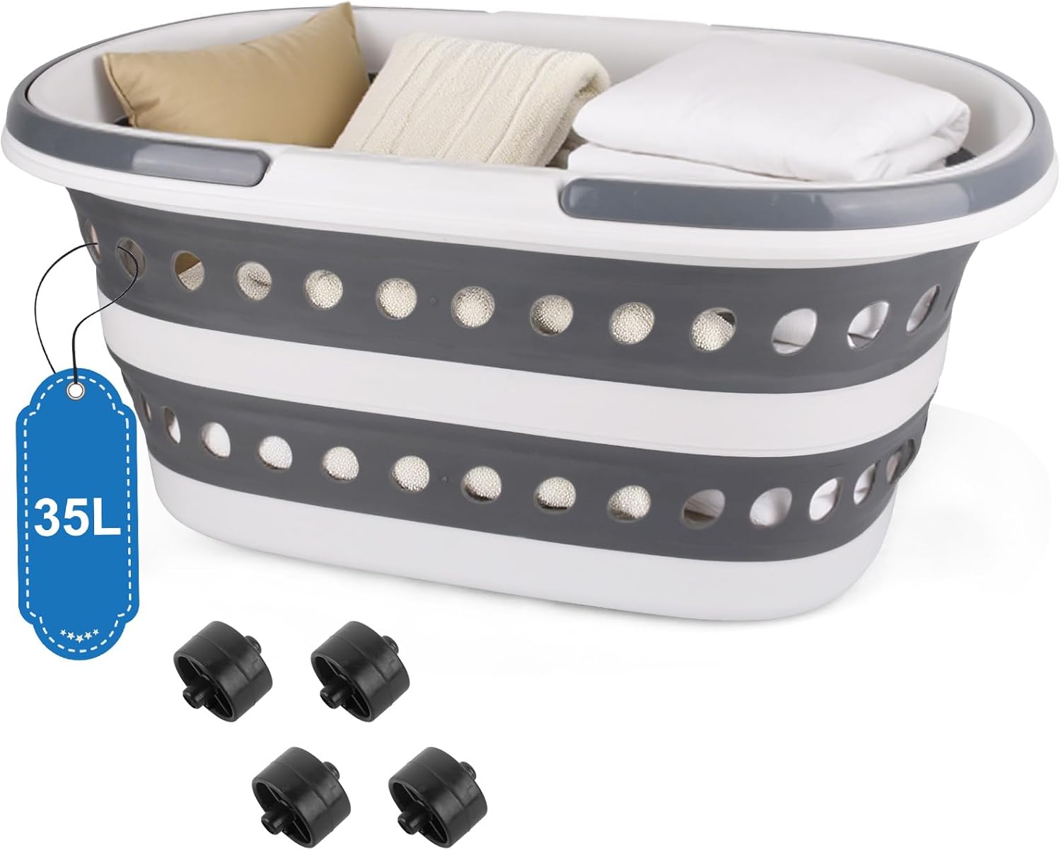 35L (9.25 Gallon) Collapsible Laundry Basket with Wheels, Large Collapse Laundry Basket with Handles, Pop-up Hamper Clothes Storage Organizer Folding Plastic Bin for Household Family Room Organization