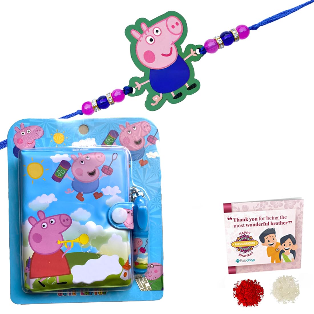 Fabdrap - Cartoon Rakhi for Kids Brother/Sister - Thread Style - Rakhi with Pig Stationery Kit/Dairy Kit Gift Set, Greeting Card & Roli Chawal (Blue) (B0D86YTBX6) Amazon Price History, Amazon Price Tracker