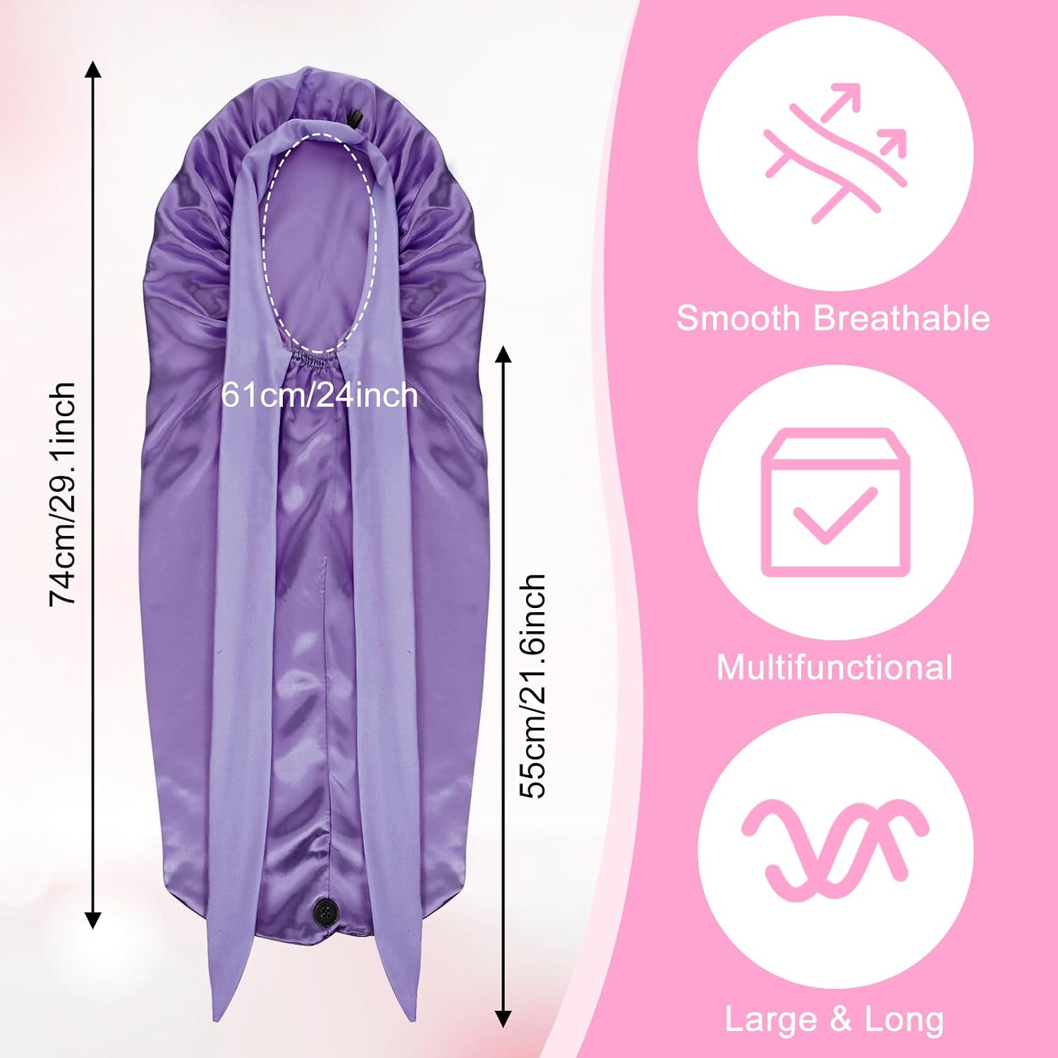 Abeillo Long Satin Bonnet for Women Sleeping, Silk Bonnet Large Hair Cap Silk Bonnets with Tie Band for Braids Curly Hair (Purple)