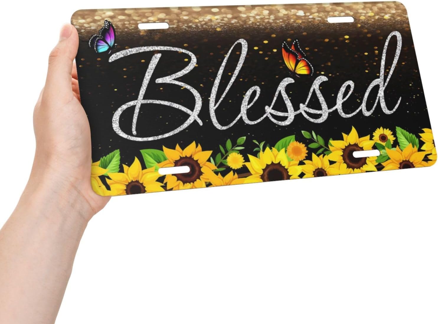 Blessed Glitter Sunflowers Butterfly Aluminum License Plates Metal Car Plate Decorative Car Front License Plate Cover Novelty Vanity Tag Cars Decor Accessory 6 x 12 Inch (4 Holes) image 3