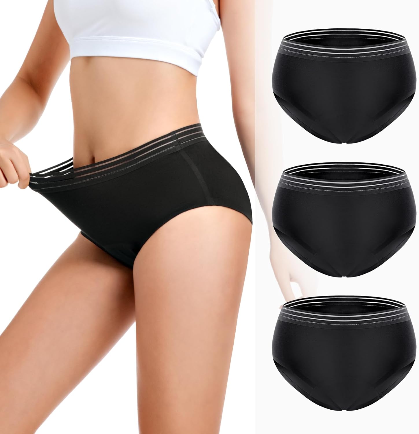 Carer Incontinence Underwear for Women Washable High Waisted Leak-Proof Reusable Absorbent Briefs 3-Pack, Black, Small