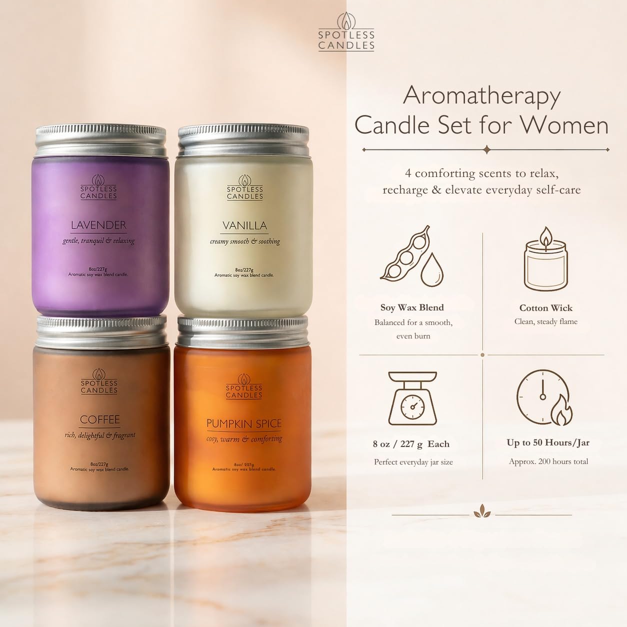 Spotless Leopard Juego de velas para mujer, regalos para mujer, paquete de 4 velas perfumadas de 227 g, juego mixto de aromas clásicos en tarros de vidrio de colores de 7,6 x 10,16 cm, pino, café,