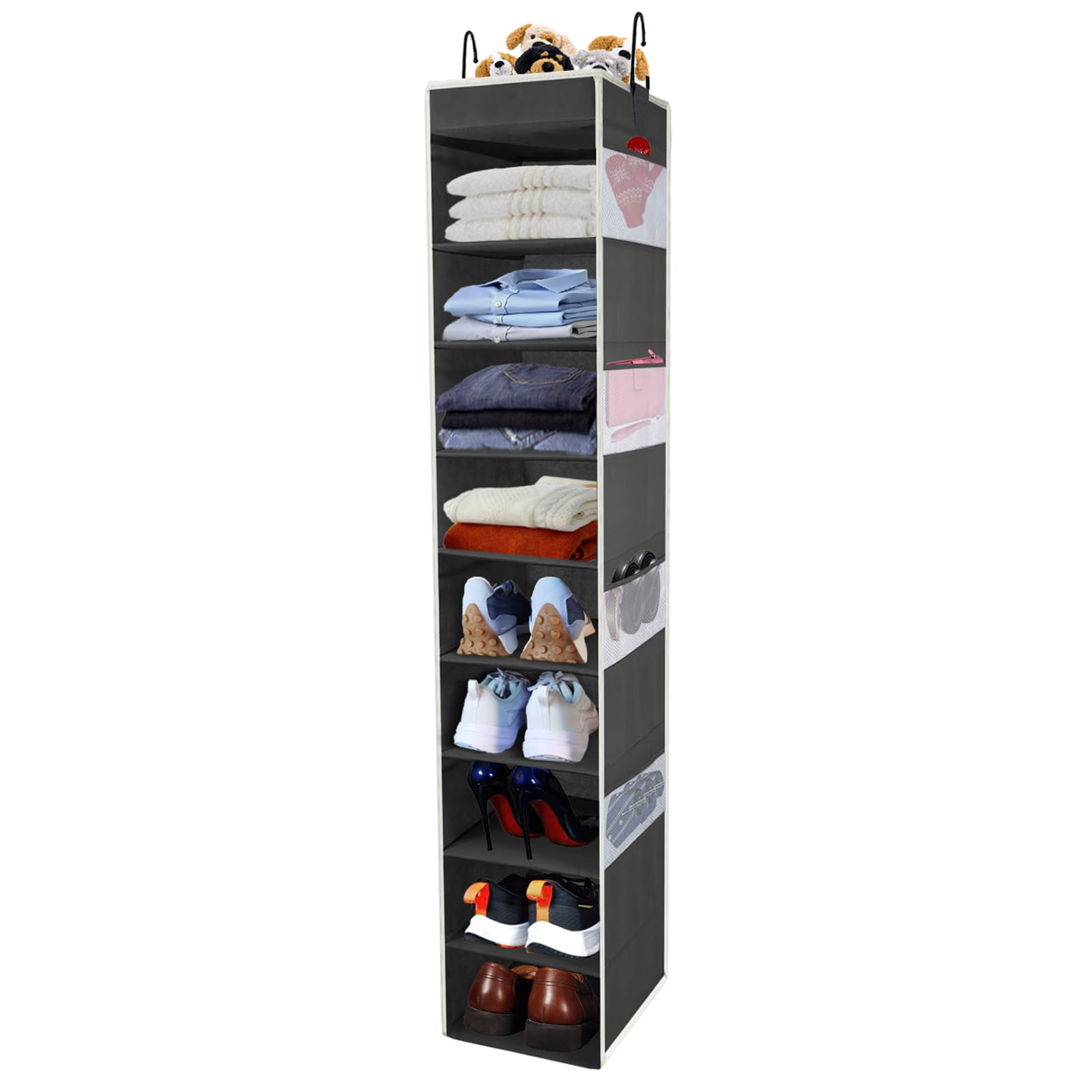roomtalk Large-Sized Hanging Shoe Organizer 10-Shelf, Sturdy Hanging Closet Organizer with 8 Side Pockets, Wider Hanging Shelves for Storage Shoes Clothes Jeans Shirts Toys, Black