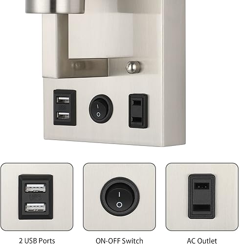 Miniatura 2 de BTY Juego de 2 apliques de pared modernos, lámparas de pared para dormitorio, enchufe con puertos de carga USB, apliques de enchufe de CA,