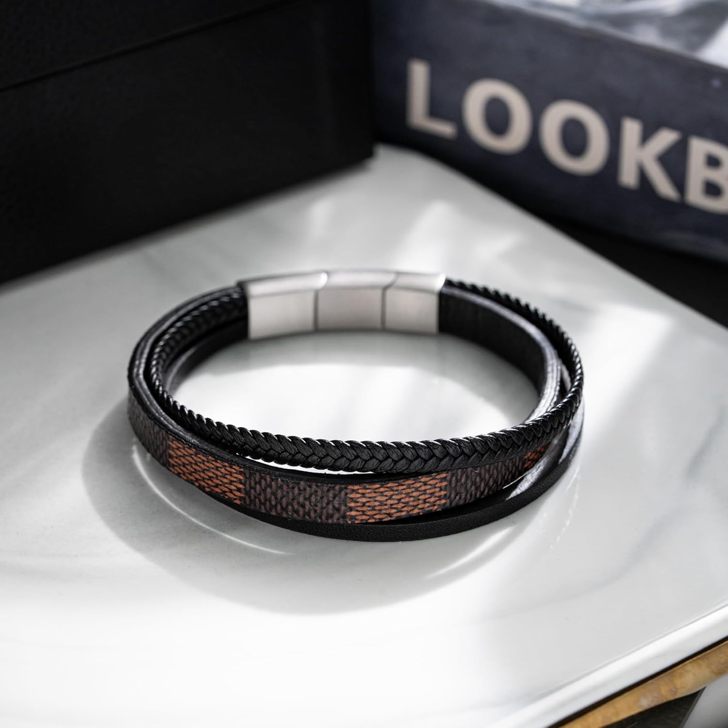 black genuine leather bracelet for men with adjustable stainless steel magnetic clasp - multi-layer braided rope design - stylish bracelet for men Fits wrist sizes 6.1-7.5 inches. - Image 3