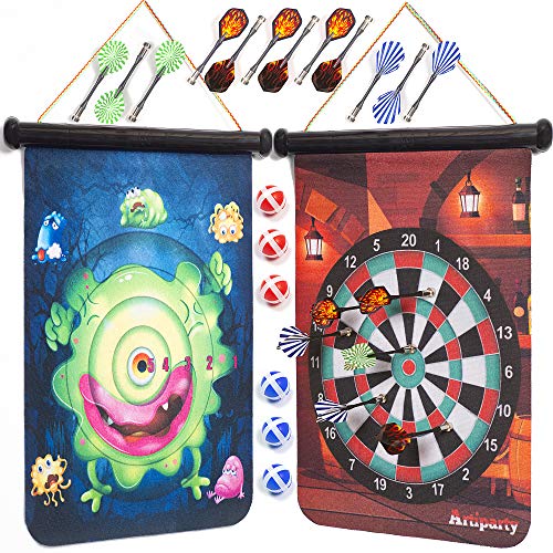 Magnetic Dart Board for Kids – Indoor and Outdoor Dart Board Set – Double-Sided Scoreboard, Colorful Designs – 4 Dart Games, 12 Strong Magnetic Throwing Darts, 6 Dart Balls – Fun for The Whole Family