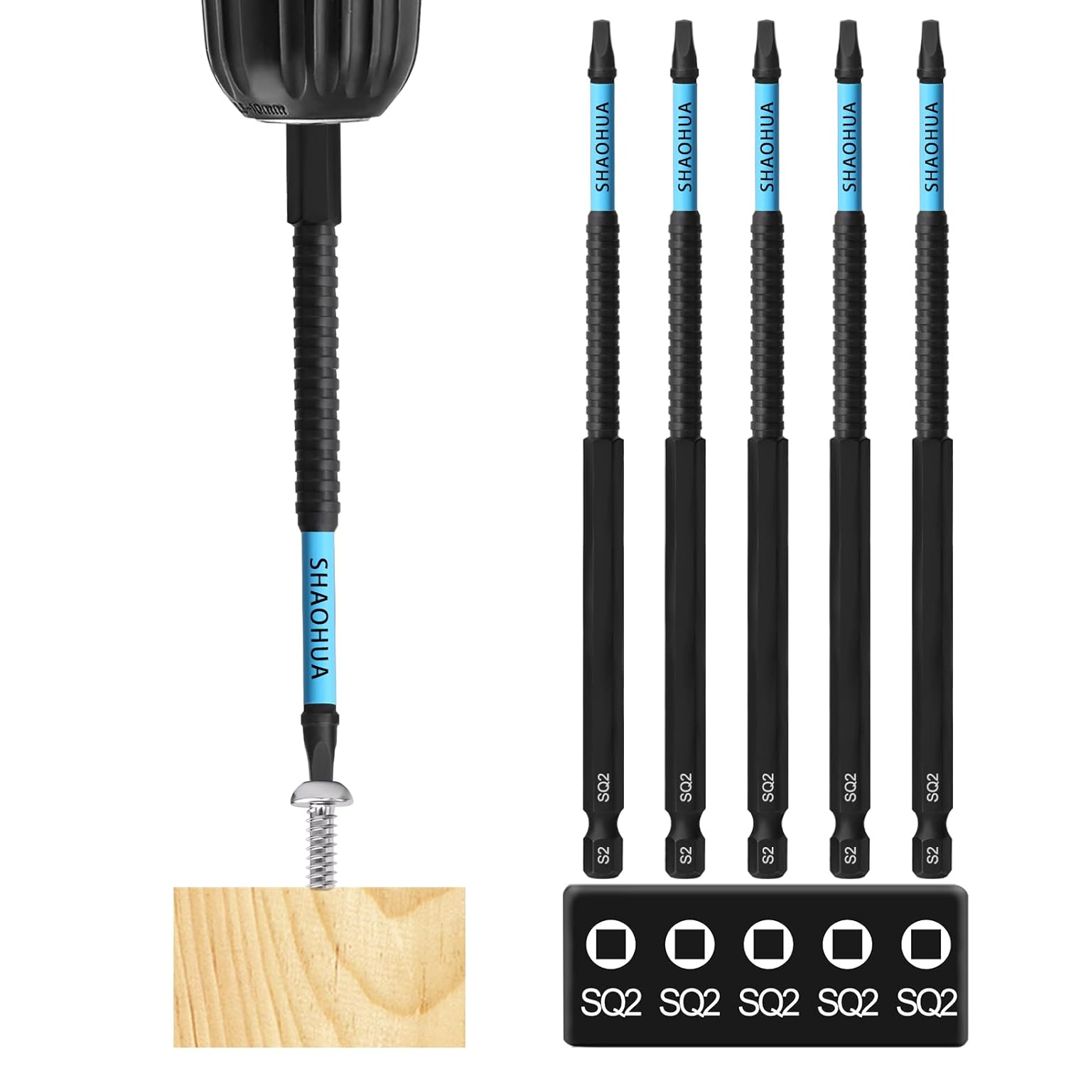 SQ2 Square Drive Bit, 6" Long Screwdriver Bits for Pocket Hole Jig System, for Narrow Area and Woodworking, Magnetic Tip 1/4 Inch #2 Square Head Screwdriver for Impact Driver, 5Pcs, S2 Steel