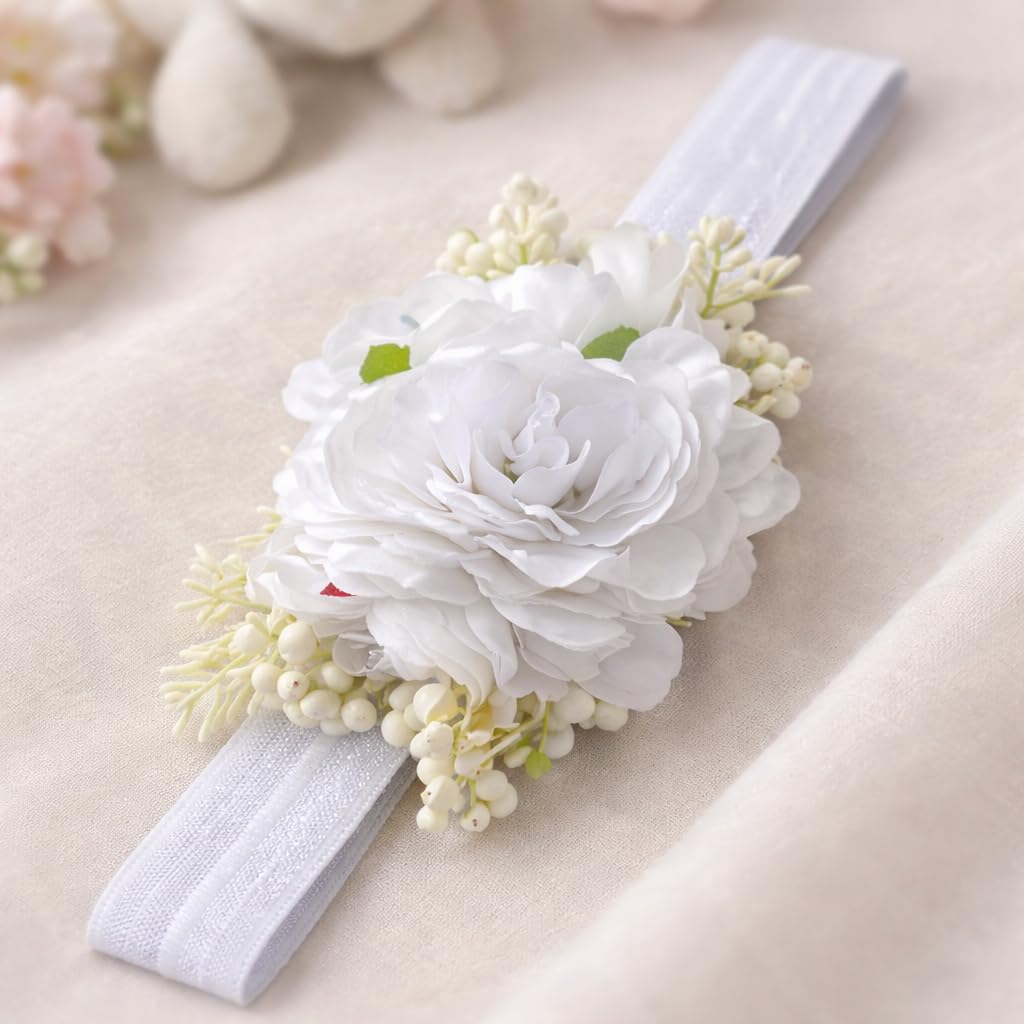Baby Girls Floral Headband, White Peony Fabric Flower with Berry Accents, Soft Stretch Elastic Band, Newborn Infant Toddler Hair Accessory-image-14