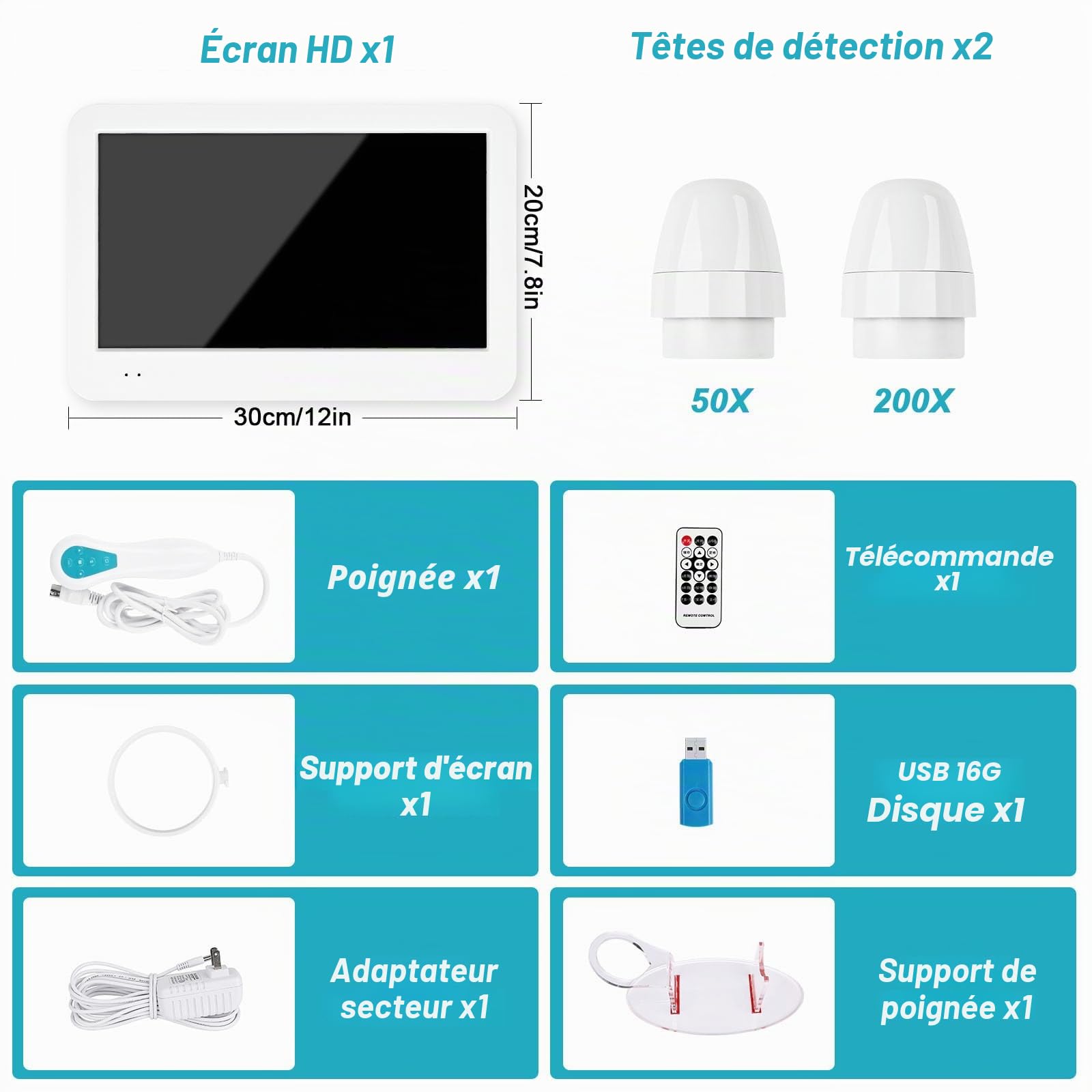 Analyseur de cheveux de peau, 30,5 cm LCD numérique pour analyse du cuir chevelu, 50 x 200 x, portable, rechargeable, huile de follicule pileux, détecteur d'humidité, testeur de pigment de peau