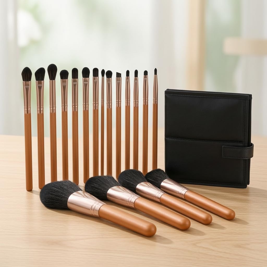 Set Pennelli Trucco 17 Pezzi, Manico, Fusto in metallo, Pennelli Trucco Oc, Sfumature, Per Estetiste, Set di 17 pennelli per trucco rosso acero con borsa pieghevole nera con coulisse