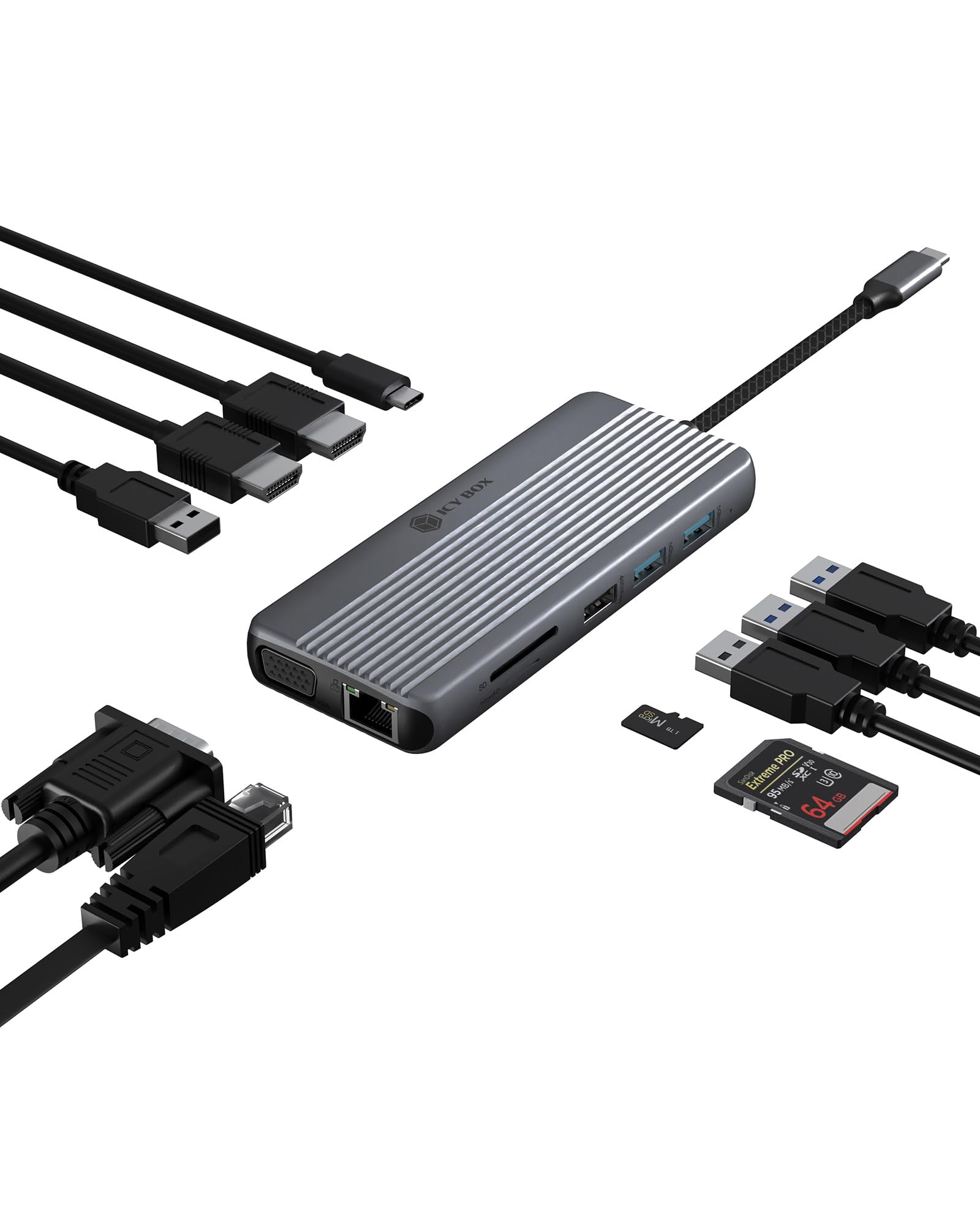ICY BOX 12-in-1 USB-C Docking Station, Triple Display Dock mit 2X HDMI 4K, VGA, 100W Power Delivery, Gigabit LAN, SD/microSD Kartenleser, USB 3.2 Gen 1, Heart Dock 4062, IB-DK4062-CPD