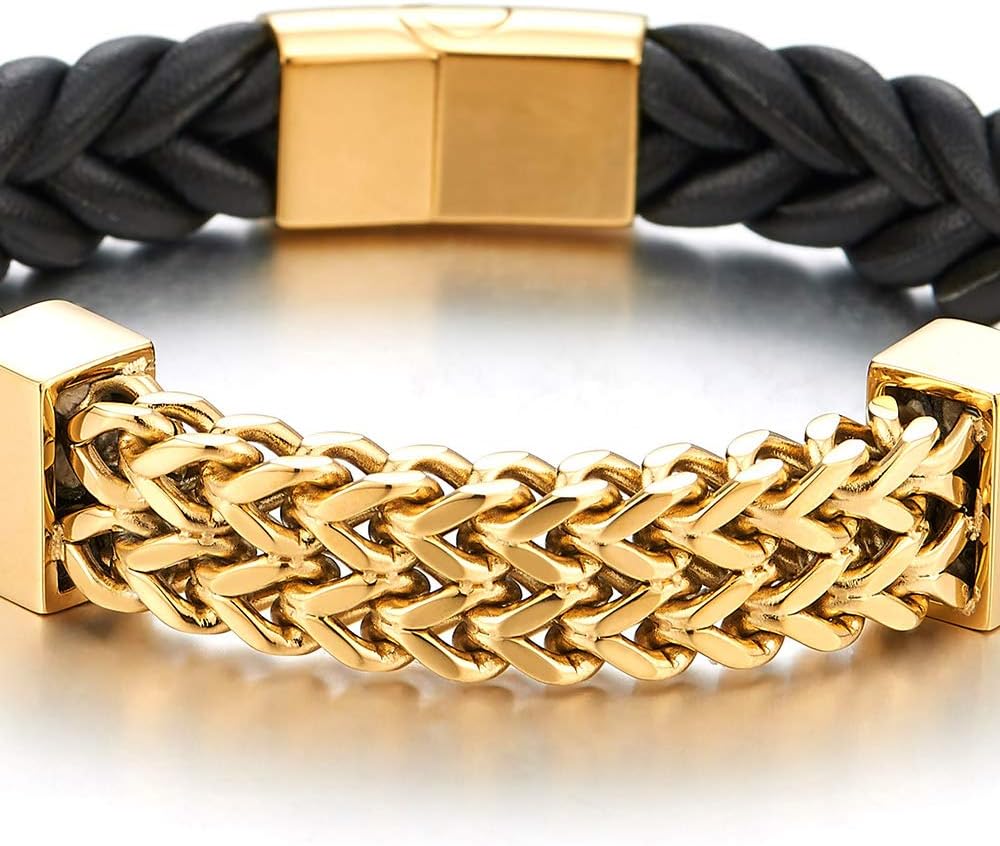 COOLSTEELANDBEYOND New Men Steel Gold Color Franco Box Chain Black Genuine Braided Leather Bracelet with Magnetic Clasp - Image 2
