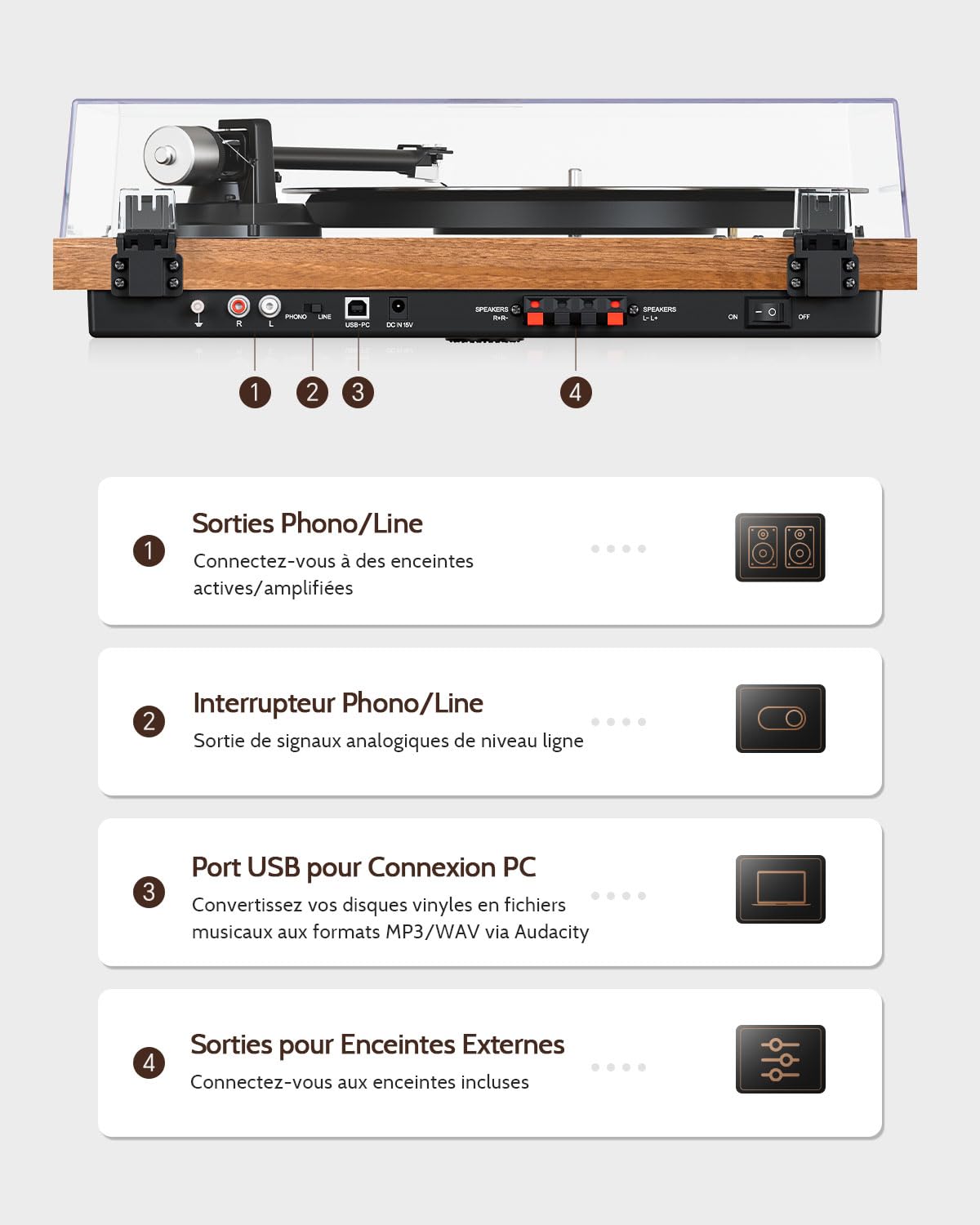 1 BY ONE Tourne-Disque Vinyl Bluetooth​ Premium avec Cartouche Magnétique, Enceintes 36 Watts à Excellent Rapport Qualité-Prix