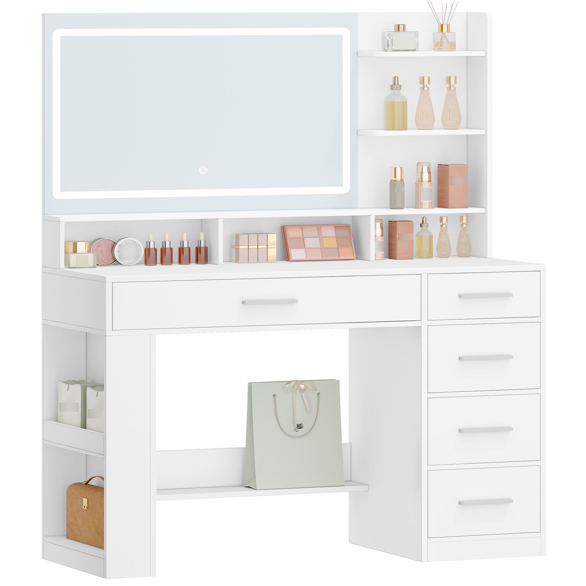 Hzuaneri Coiffeuse avec HD Miroir,Coiffeuse avec éclairage LED, 6 Compartiments Ouverts, 5 Tiroirs et Rangements Latéraux. Moderne, Blanc DT44003XEU