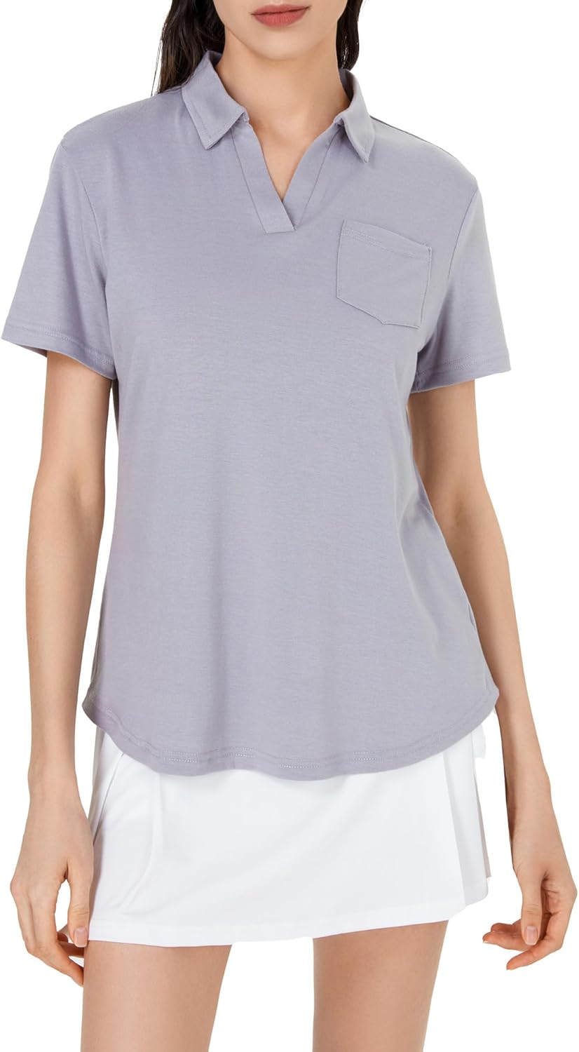 Women’s V-Neck Ruffle Design Polo Shirts Short Sleeve Collared Loose Casual Tunic Blouses with Pocket