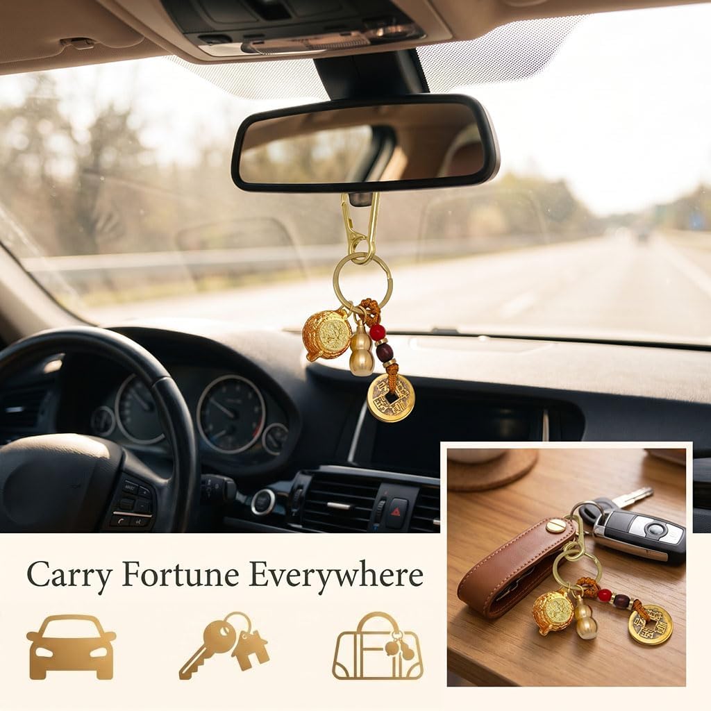Feng Shui Spin to Win Keychain:Portable abundance charm with a Mini Wealth Pot,12 Zodiacs,Five Coins,Obsidian,and Lucky Gourd image 5