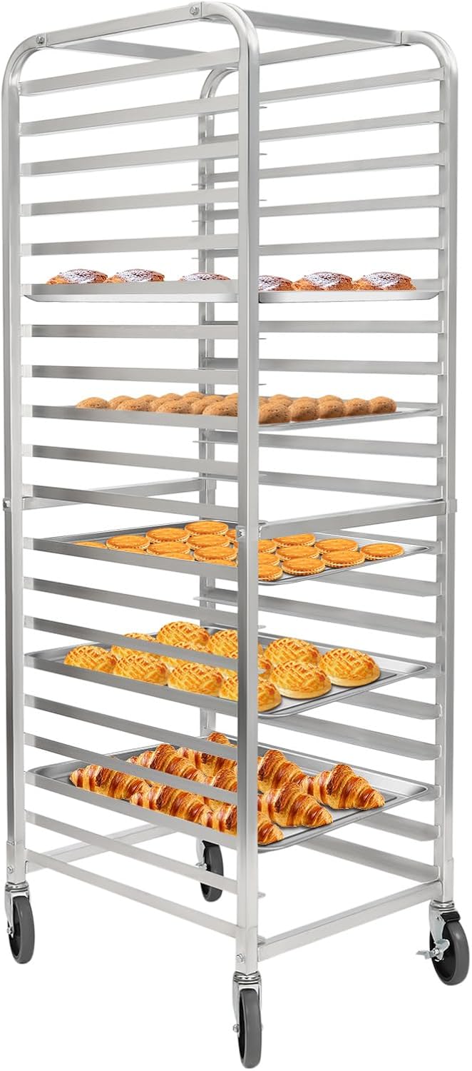 Bakery Rack, 20 Tier Aluminum Alloy Bun Pan Rack, 286.6 Lbs Loading Capacity Commercial Bread Stand with 4 Wheels, Vertical Storage Cooling Rack for Home, Bar, Garden, Bakery