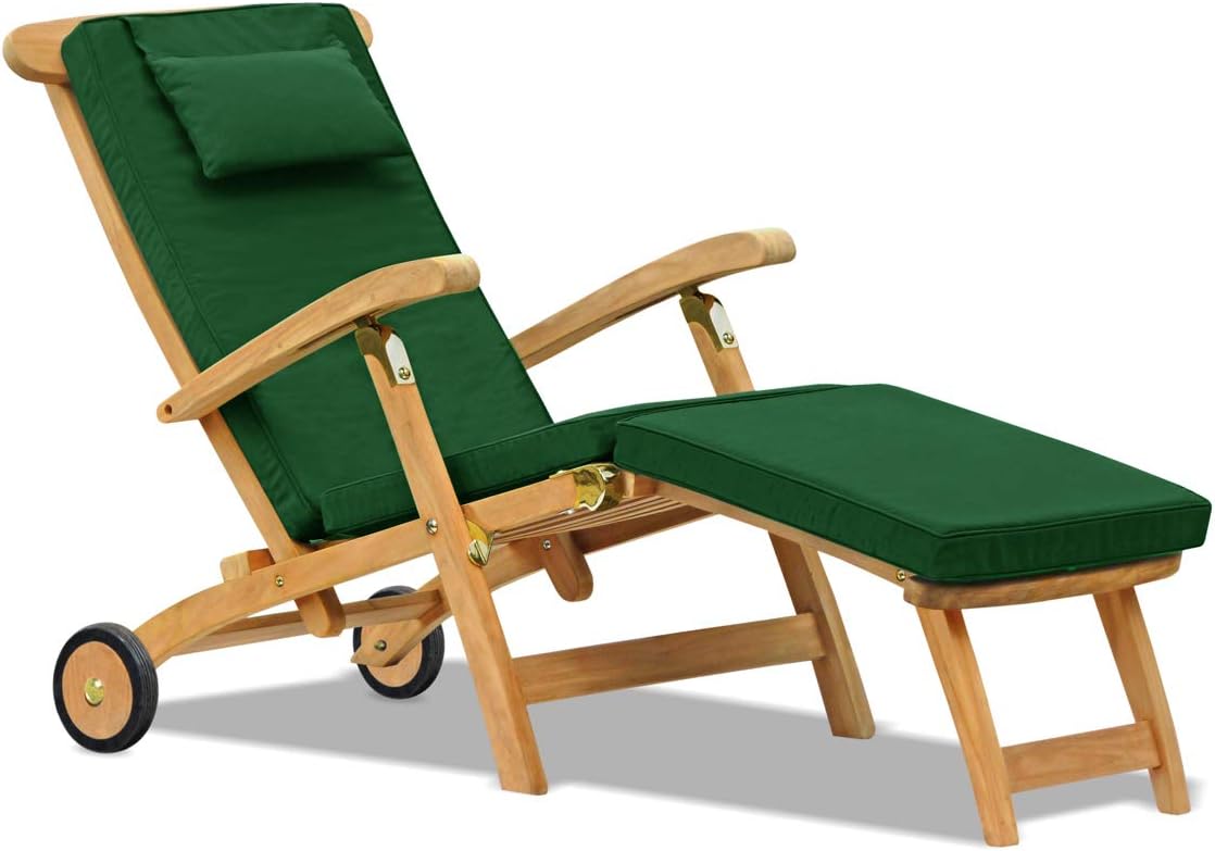Jati Teak Steamer Chair with Wheels and Cushion (Green) - Foldable, Reclining Backrest, Removable Footrest, Delivered Ready-Assembled