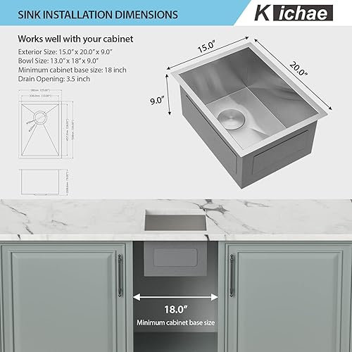 Miniatura 123 de Kichae Fregadero de lavandería de 21 x 18 pulgadas, fregadero de acero inoxidable de 12 pulgadas de profundidad para debajo de la encimera, lavabo