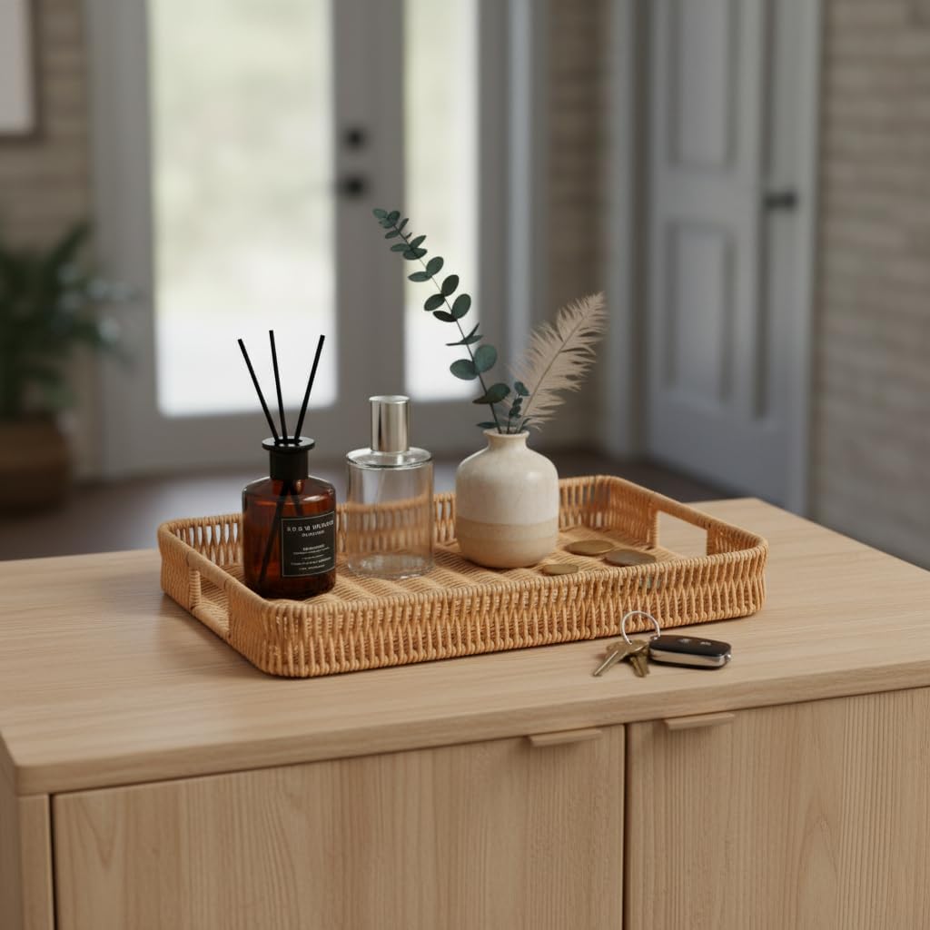 2pcs Rectangular Serving Tray with Handles, Decorative Wicker Organizer Baskets Storage Tray for Coffee Table, Bread, Fruit, Snacks, Centerpiece Decor