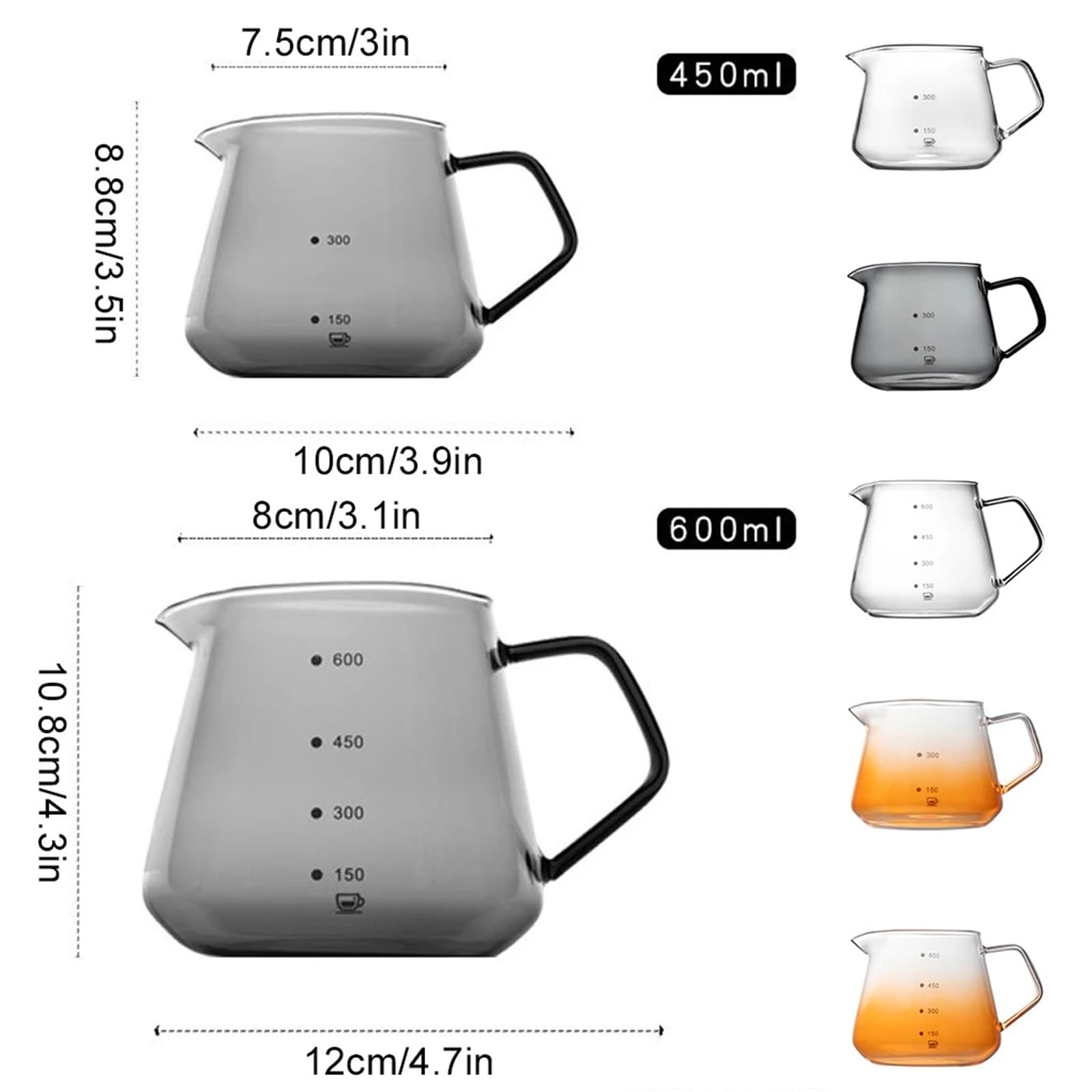 Hervidor De Café Servidor de café de Vidrio, 600ml, Agua del té Helado, Verter sobre la cervecería, Goteo, hogar, Oficina, Picnic, Olla, Utensilios de Cocina para Café，Té(Orange 450ml)