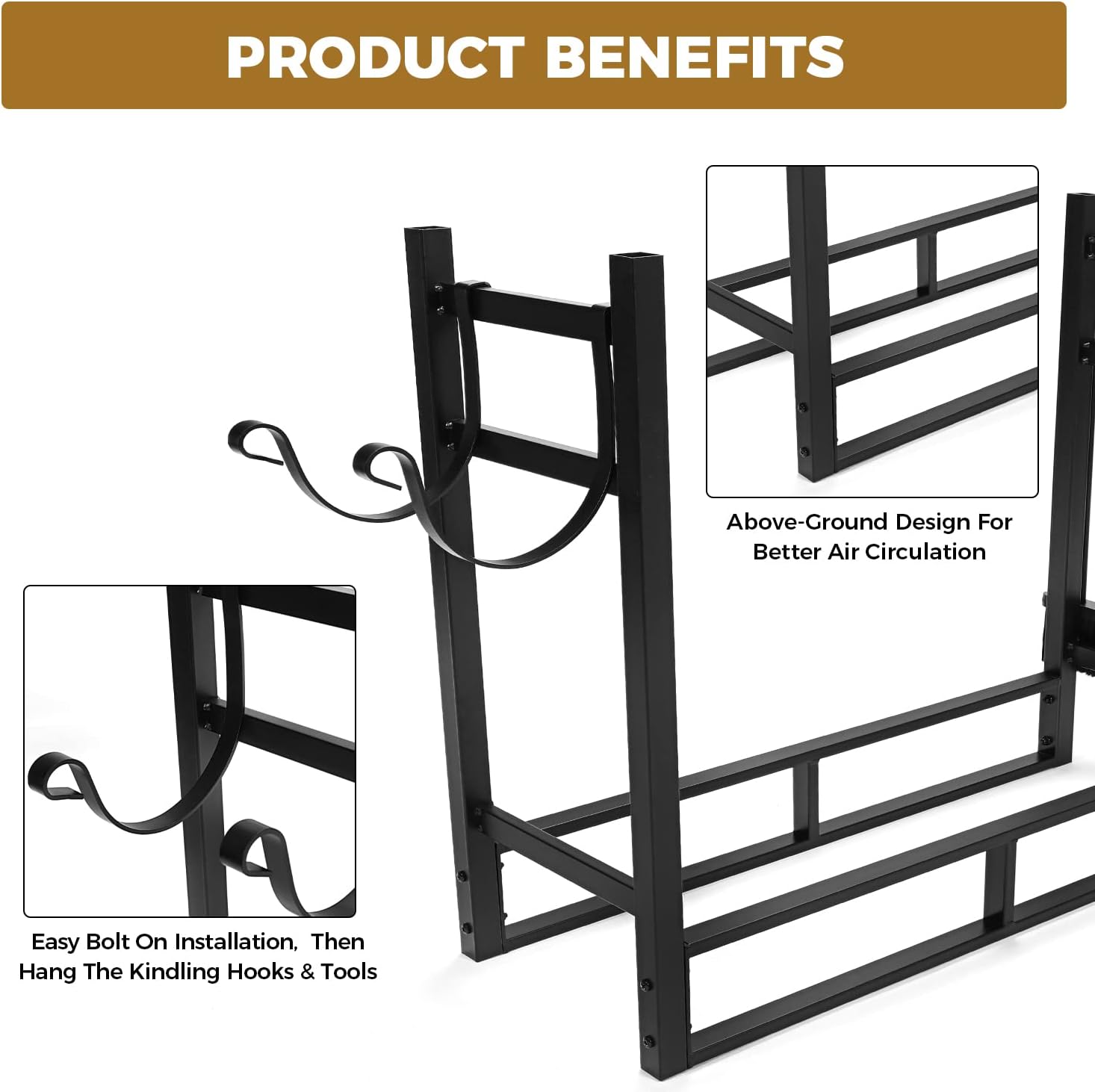 HECASA 33 Inch Firewood Rack w/Kindling Holder Include Shovel Poker Tongs Brush Heavy Duty Steel Indoor Outdoor Fireplace Log Rack