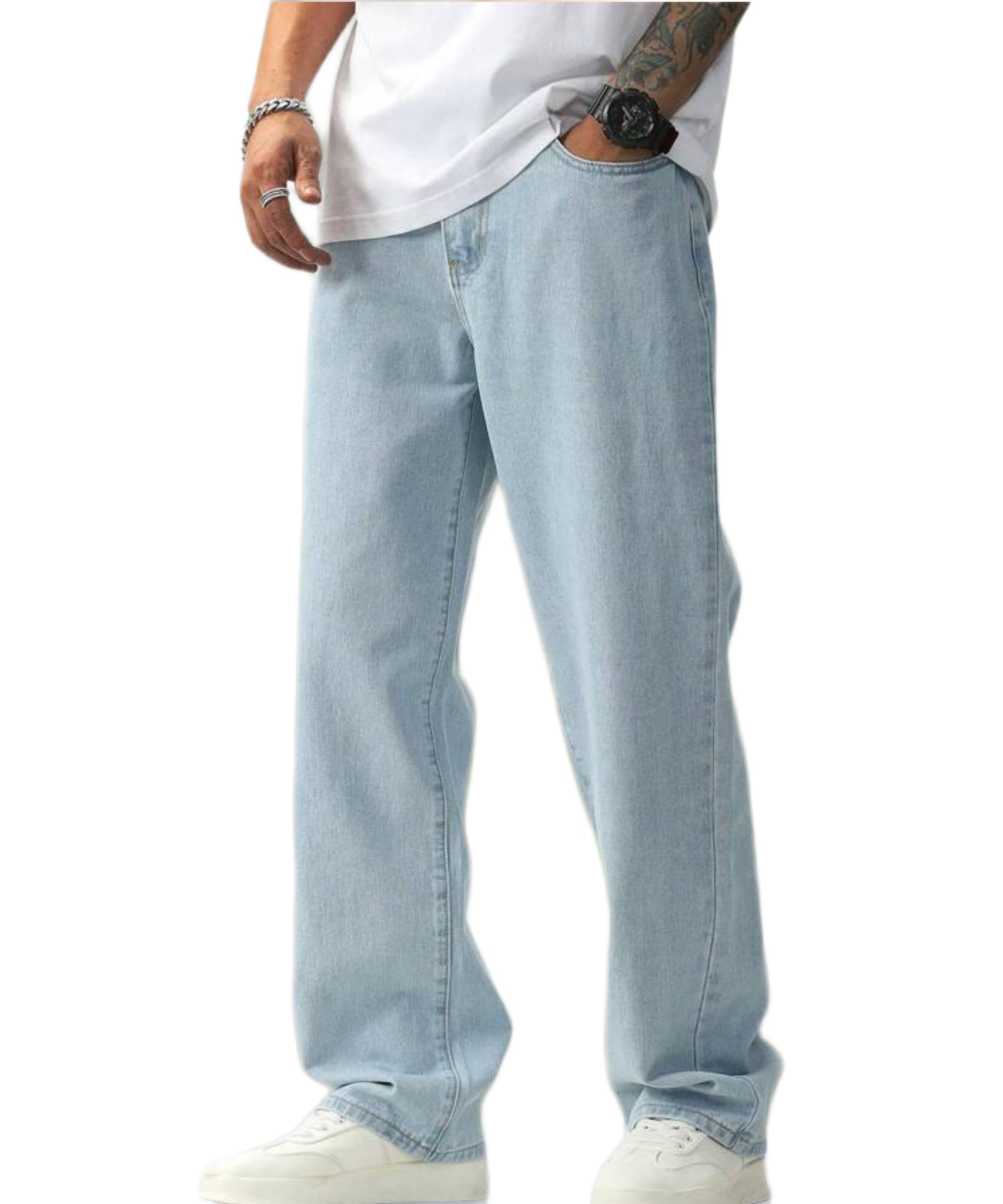 often look Loose Fit Men Light Blue Jeans | Tailored Fit | Mid-Rise Waist | Durable Cotton Blend Fabric | Contemporary Solid Finish | All-Season Wear | Style 68-picture-48