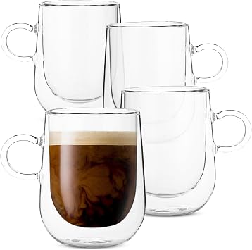 BTaT- Double Walled Glass Coffee Mugs, 8 oz, Set of 4, Glass Coffee Cups with Handle, Insulated Clear Coffee Mug for Hot and Cold Beverages, Cappuccino, Latte, Tea, Americano, Microwave Safe