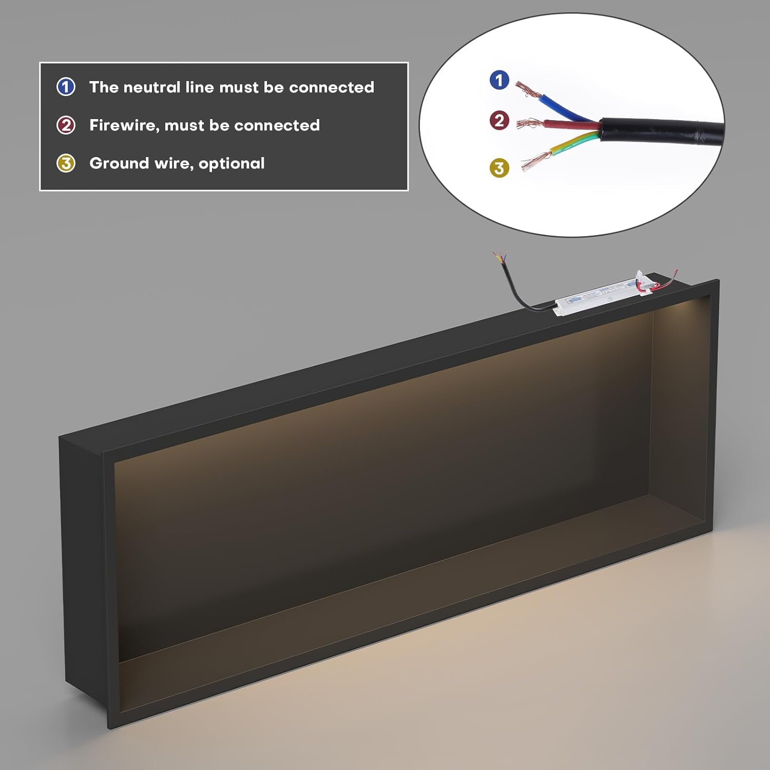 Konelia Shower Niche with Lighting, 24"x12"x4" Inside Shower Storage Wall Niche Stainless Steel Bathroom Shelf Niche No Tile Needed Shower Caddy Recessed Wall Niche Matte Black