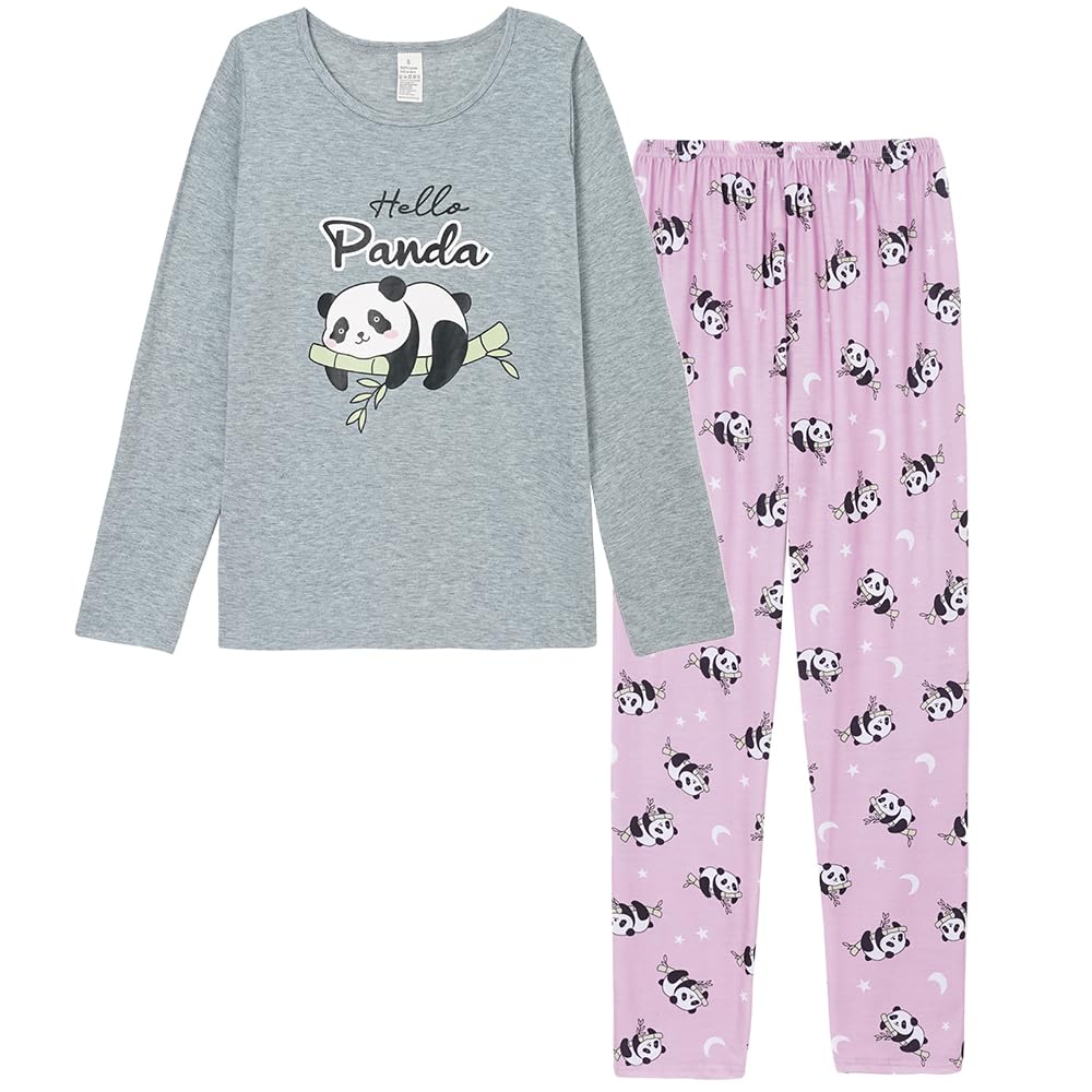 YIJIU Women's Sleepwear Long Sleeve Top and Pants Pajama Set Panda Print Nighty Large Gray