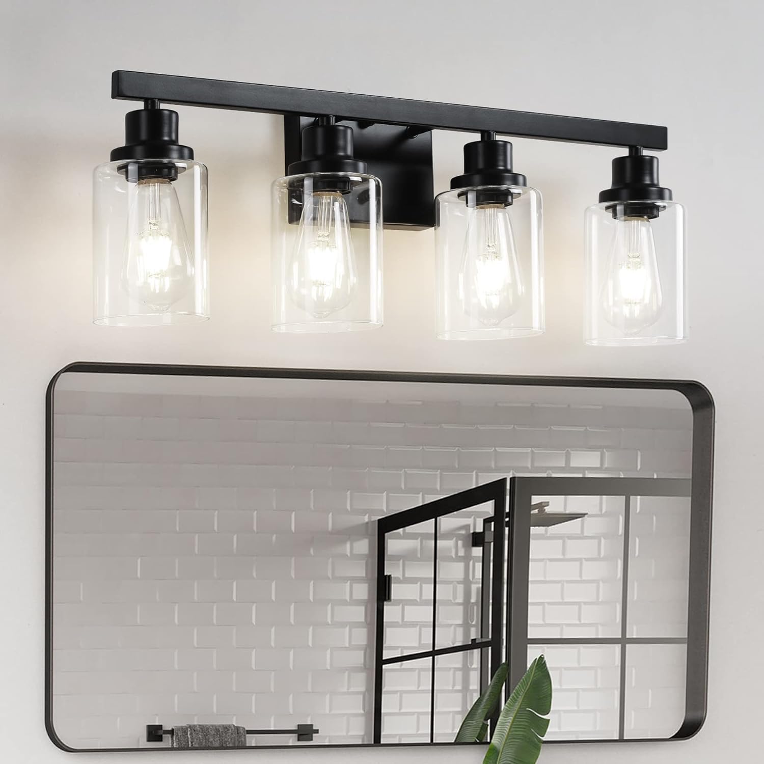 4-Light Bathroom Vanity Light, Modern Matte Black Wall Sconce Lighting with Clear Glass Shade, Bathroom Lighting Fixtures Over Mirror,Vintage Wall Mounted Lamps for Mirror Bedroom,Living Room