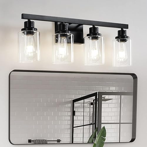 Lámpara de tocador de baño, 4 luces, moderna lámpara de pared negra mate con pantalla de vidrio transparente, luces de pared negras, lámparas de