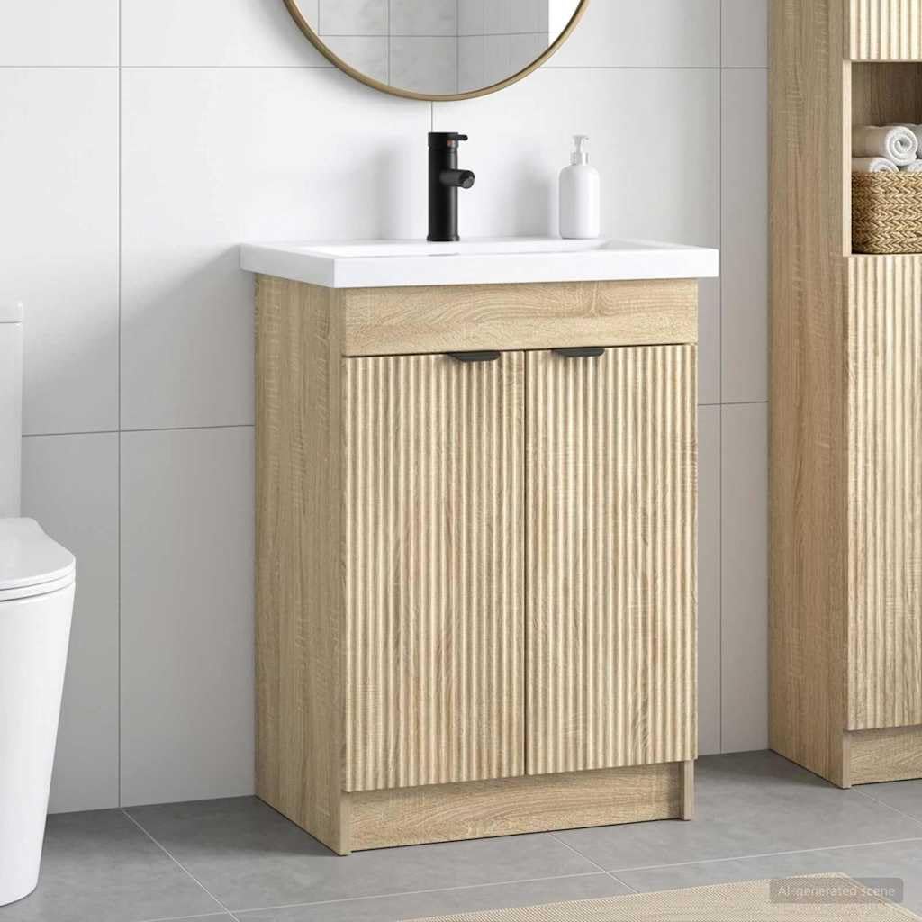 Juego de lavabo de roble Sonoma de 56 x 37,5 x 81 cm con armario bajo, grifo y almacenamiento