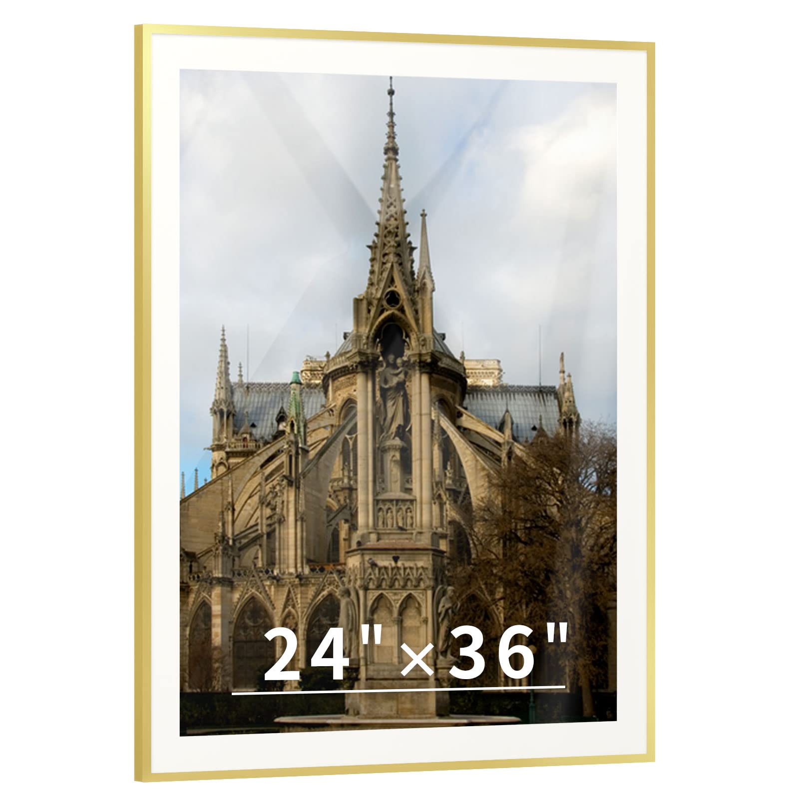 Nuggicet 24x36 Picture Frame Gold or 20x32 with Mat, Aluminum Metal Wall Mount Acrylic Photo Frame for Artwaork,UV Acrylic,Poster,Wedding Photo,Family Picture or Oil Painting