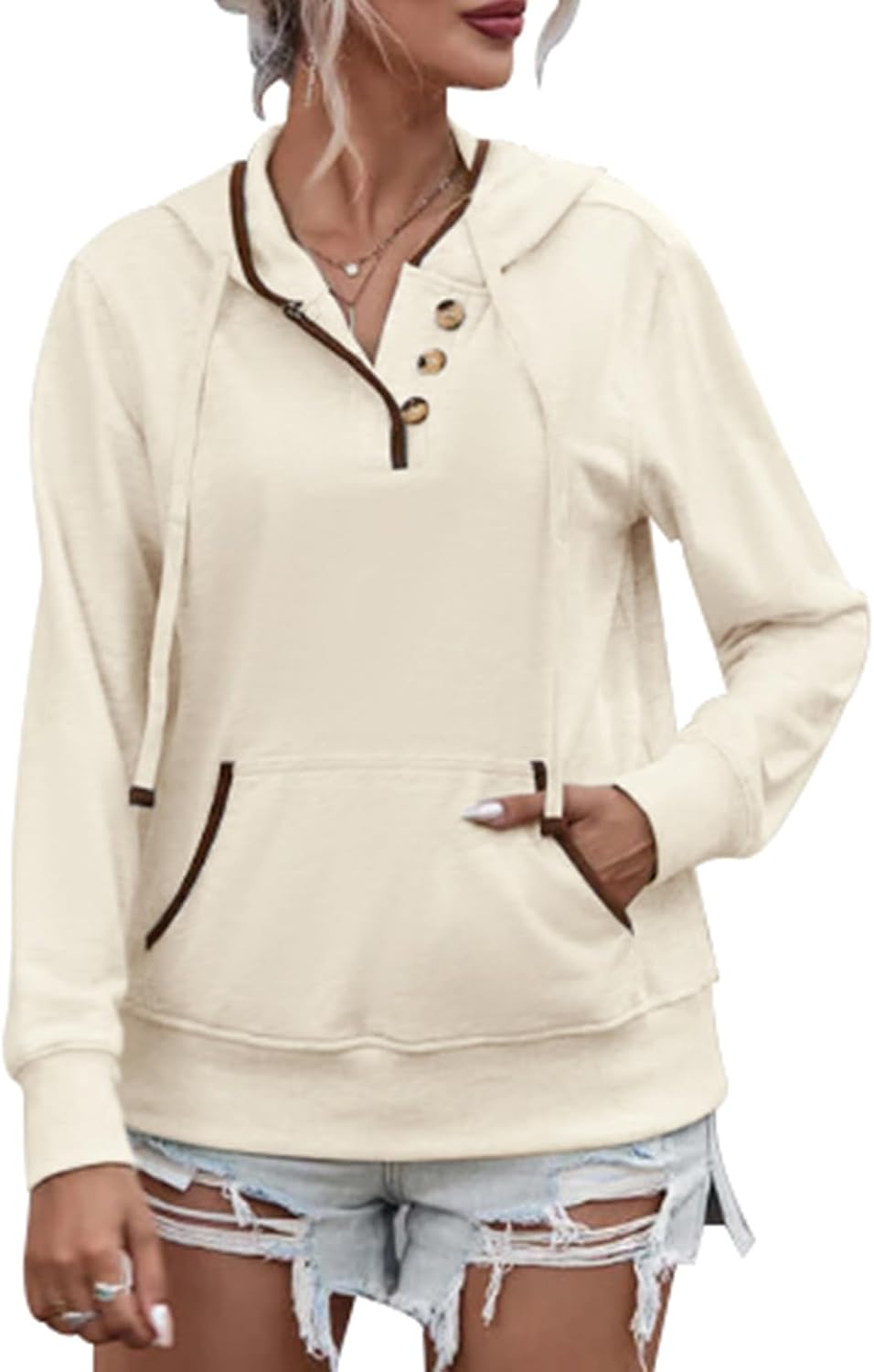 Women's Hoodies Casual Long Sleeve Hooded Sweatshirt Button Collar Drawstring Sweatshirt Pullover