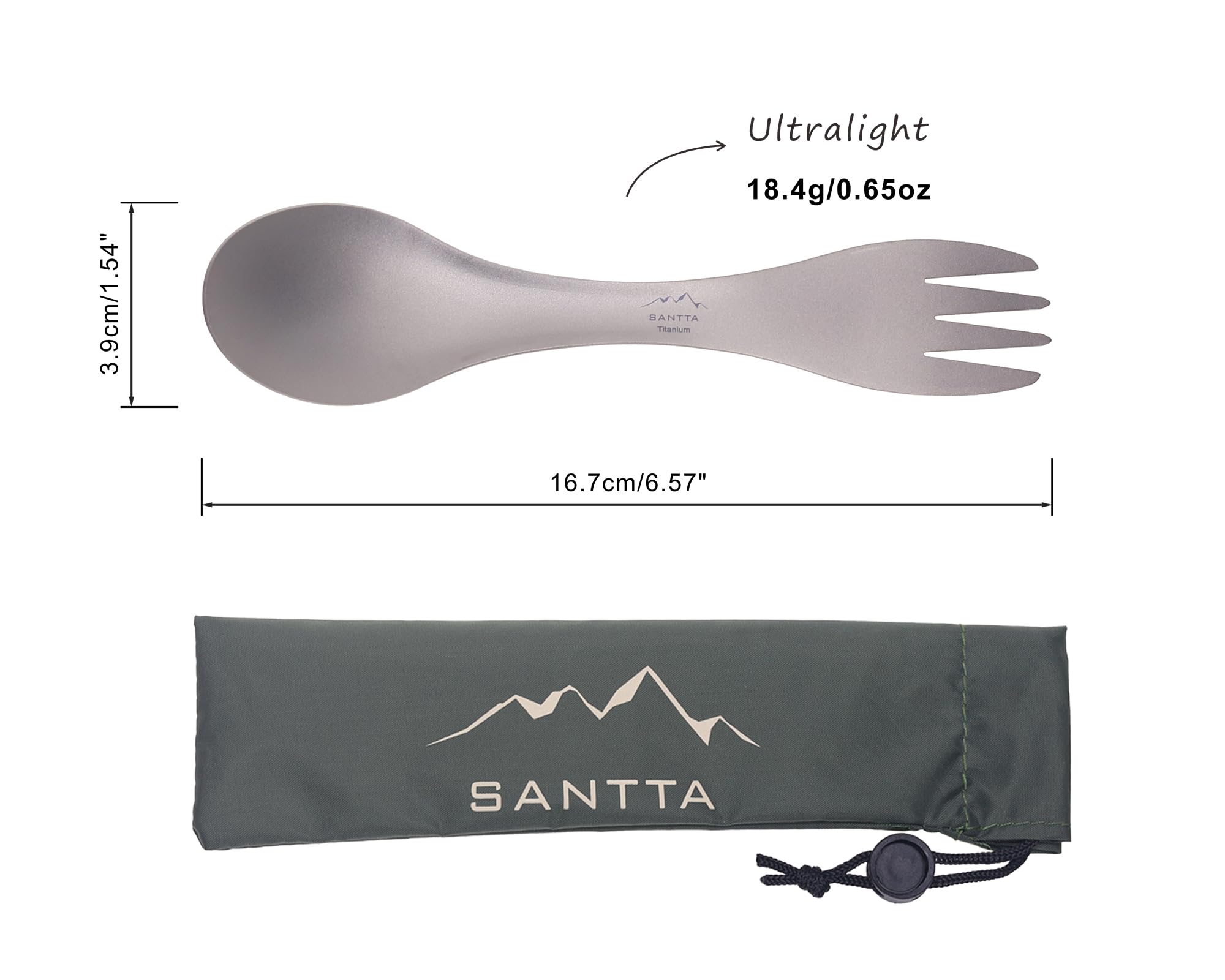 SANTTA 2-in-1 Lightweight Titanium Travel Spork with Carry Bag, Spoon Fork Combo Utensil for Hiking, Backpacking, Camping and Traveling