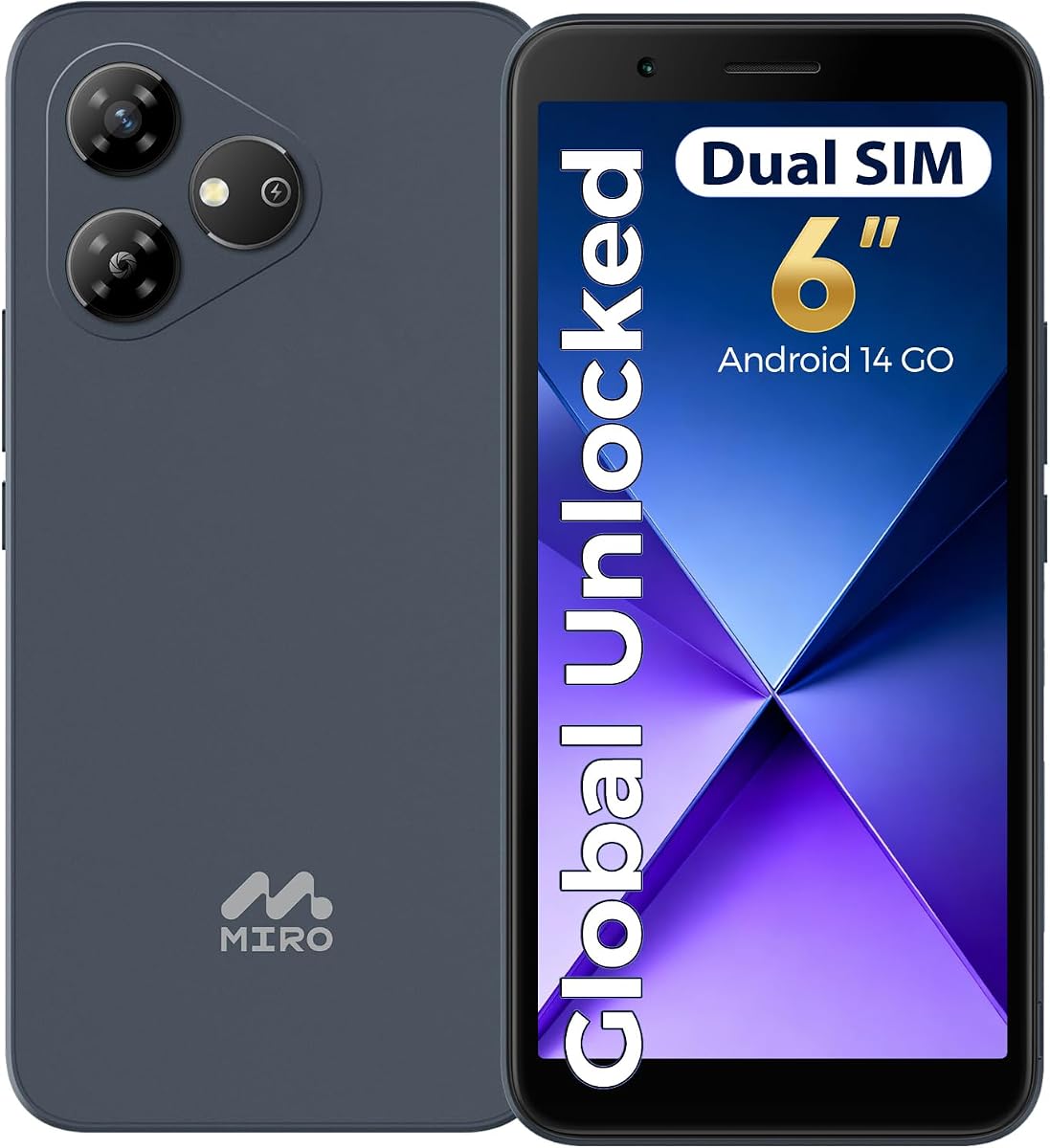 4G Cell Phone - New Android 14 Go Edition Smartphone, 6" Display, 2GB+32GB (256GB Expandable), 3000mAh Battery, 5MP+2MP Camera, Dual SIM, 3.5mm Headphone Jack(Blue)