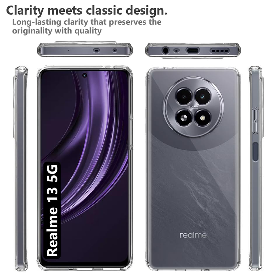 Image of Fashionury Crystal Clear Case for Realme 13 5G | Yellowing Resistance | Transparent TPU Silicone | Raised Camera Lips | Slim Transparent Cover