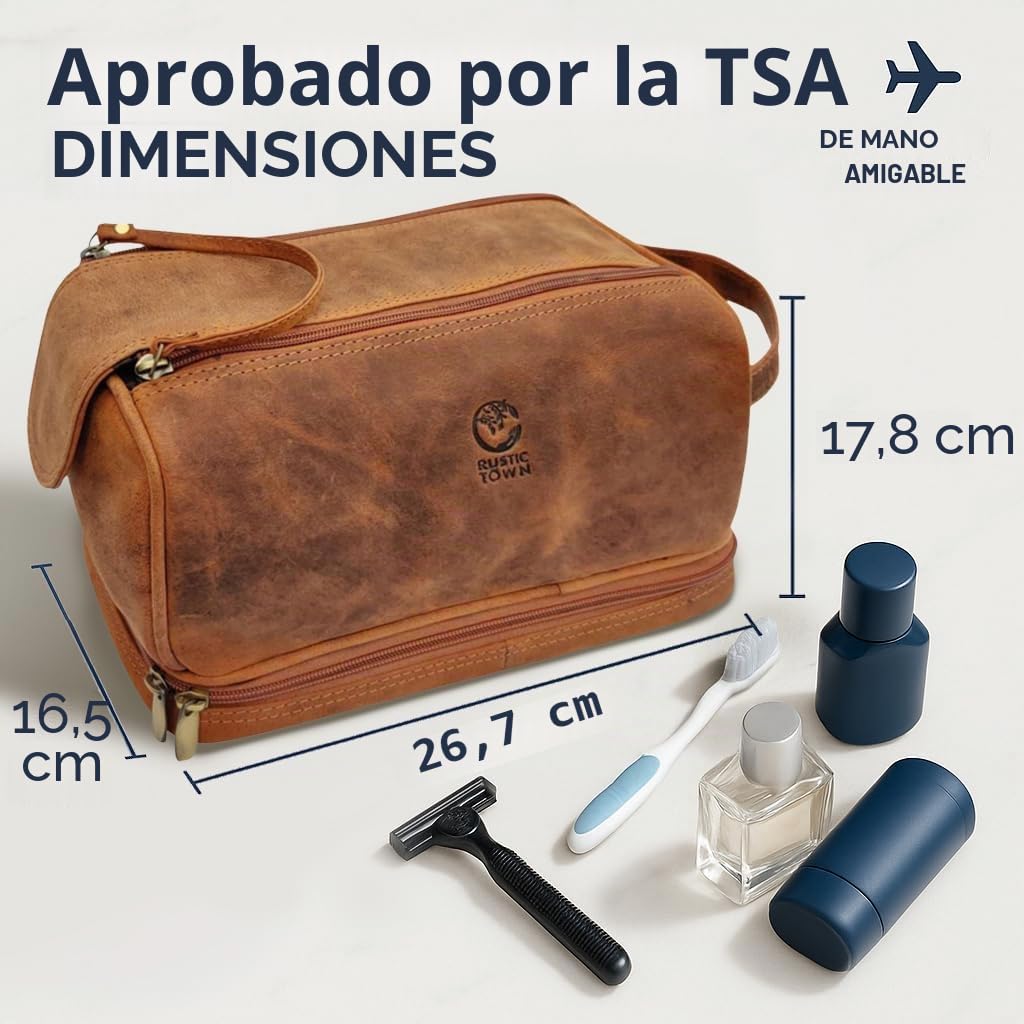 Neceser de Cuero para Hombres - Kit de Afeitado de Viaje - Organizador de artículos de tocador para Ducha de baño - Neceser de Maquillaje y cosméticos para Mujeres de Rustic Town