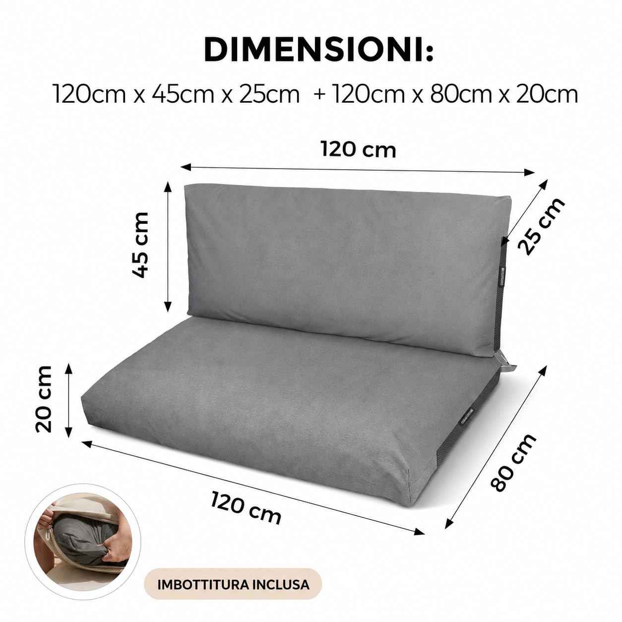 Happers Set Cuscini per Pallet da Esterno 120x80 + 120x45 cm Grigio Chiaro Antimacchia Sfoderabile