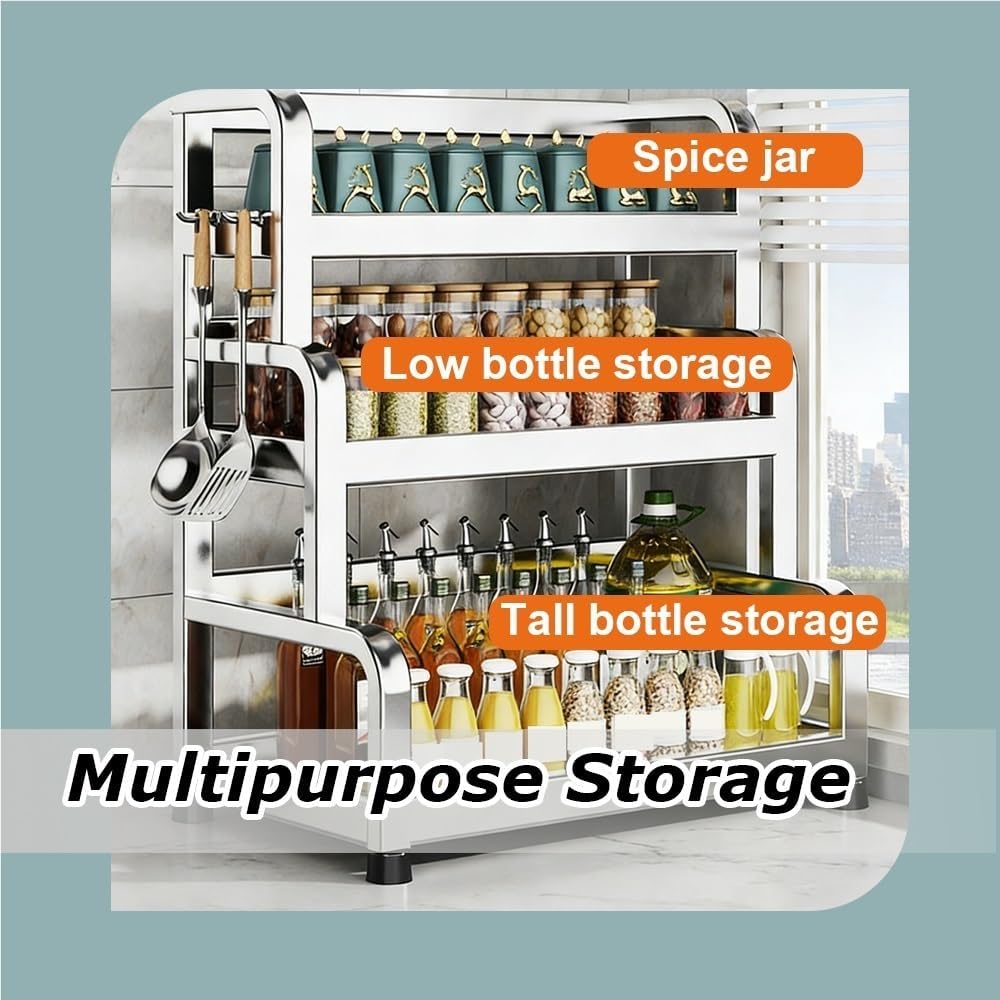 3 Tier Stainless Steel Spice Rack with 2 Hooks, Kitchen Countertop Organizer, Open Shelving Seasoning Organizer, Large Capacity Shelves for Kitchen, Bathroom, Garage(52cm/20.5in)