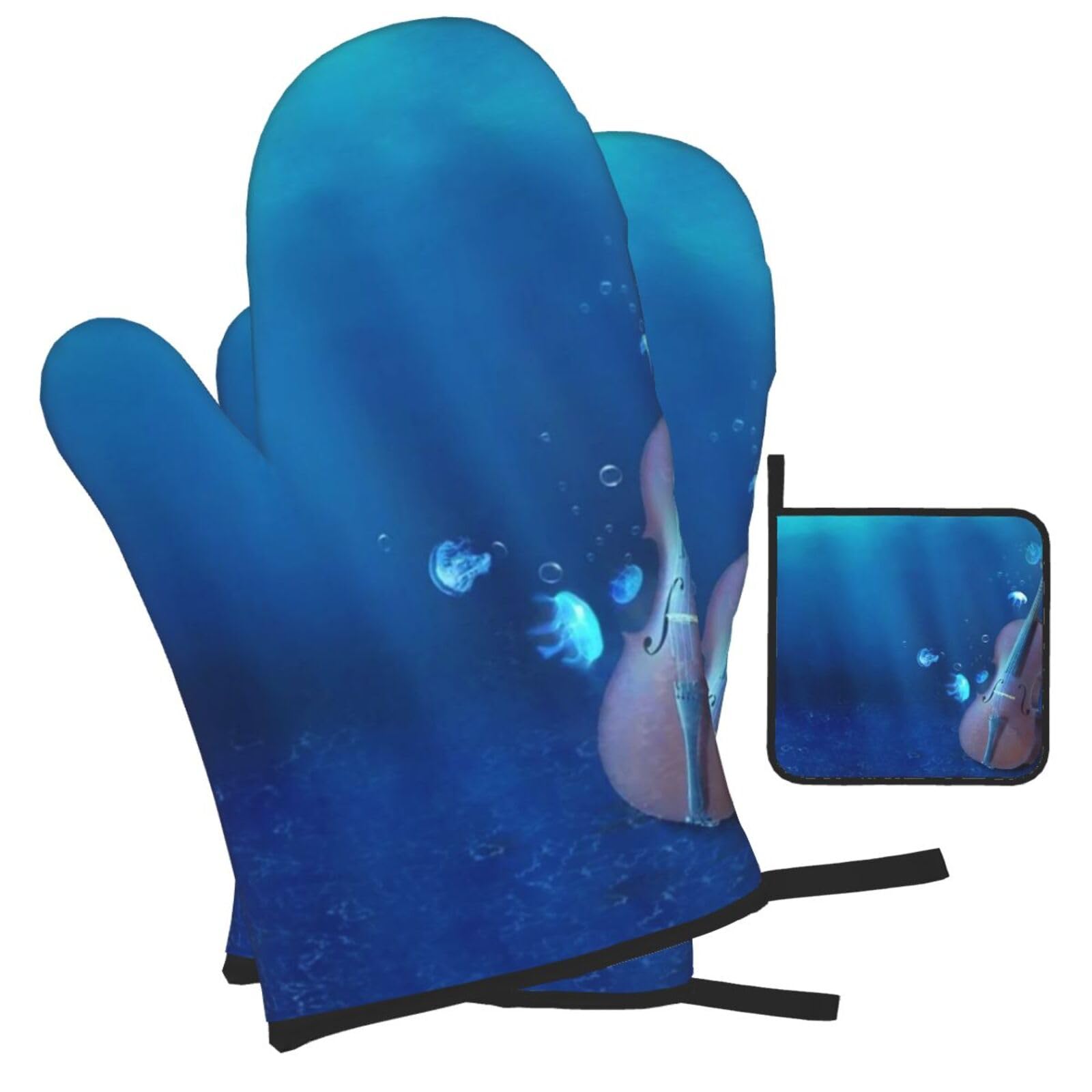 Violin Poster Printed Oven Mitts and Pot Holders Heat Resistant Set of 3 Pcs, Modern Kitchen Gloves & Potholders for Cooking Baking Grilling