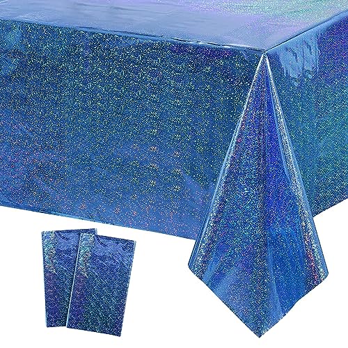 GRESATEK - 2 tovaglie iridescenti/olografiche per feste, tagliate al laser, blu, in plastica, decorazione per ambienti esterni, picnic, compleanni, baby shower e matrimoni, 137 x 274 cm