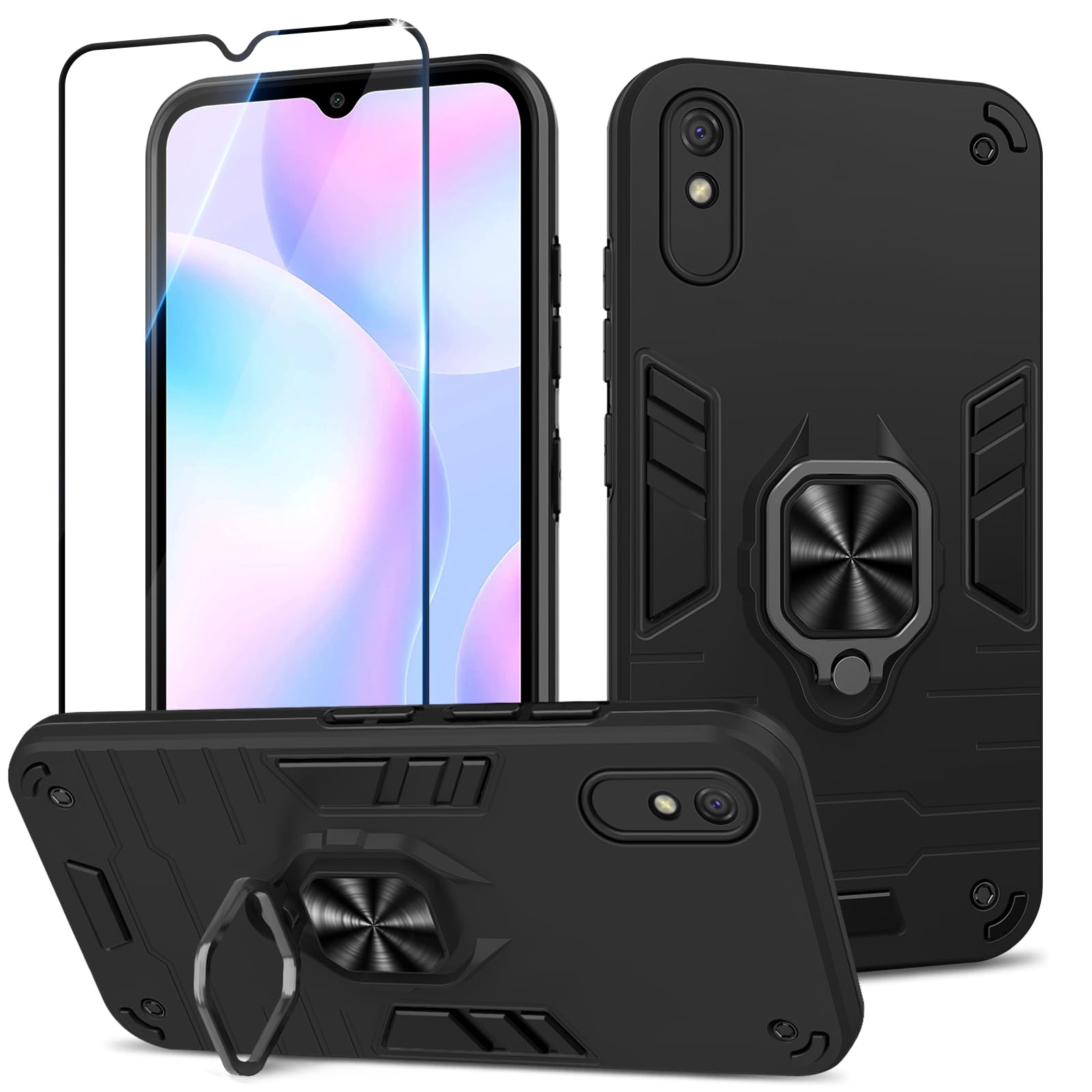 Funda para Samsung Galaxy A13 4G con Cristal Templado Protector Pantalla, Carcasa Antigolpes con Soporte anular metálico, Case Protectora de Grado Militar, Negro — view 108