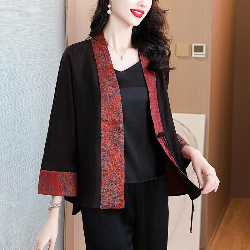 Women's Vintage Chinese-Style Short Silk Jacket,Autumn Open Front Blouse4